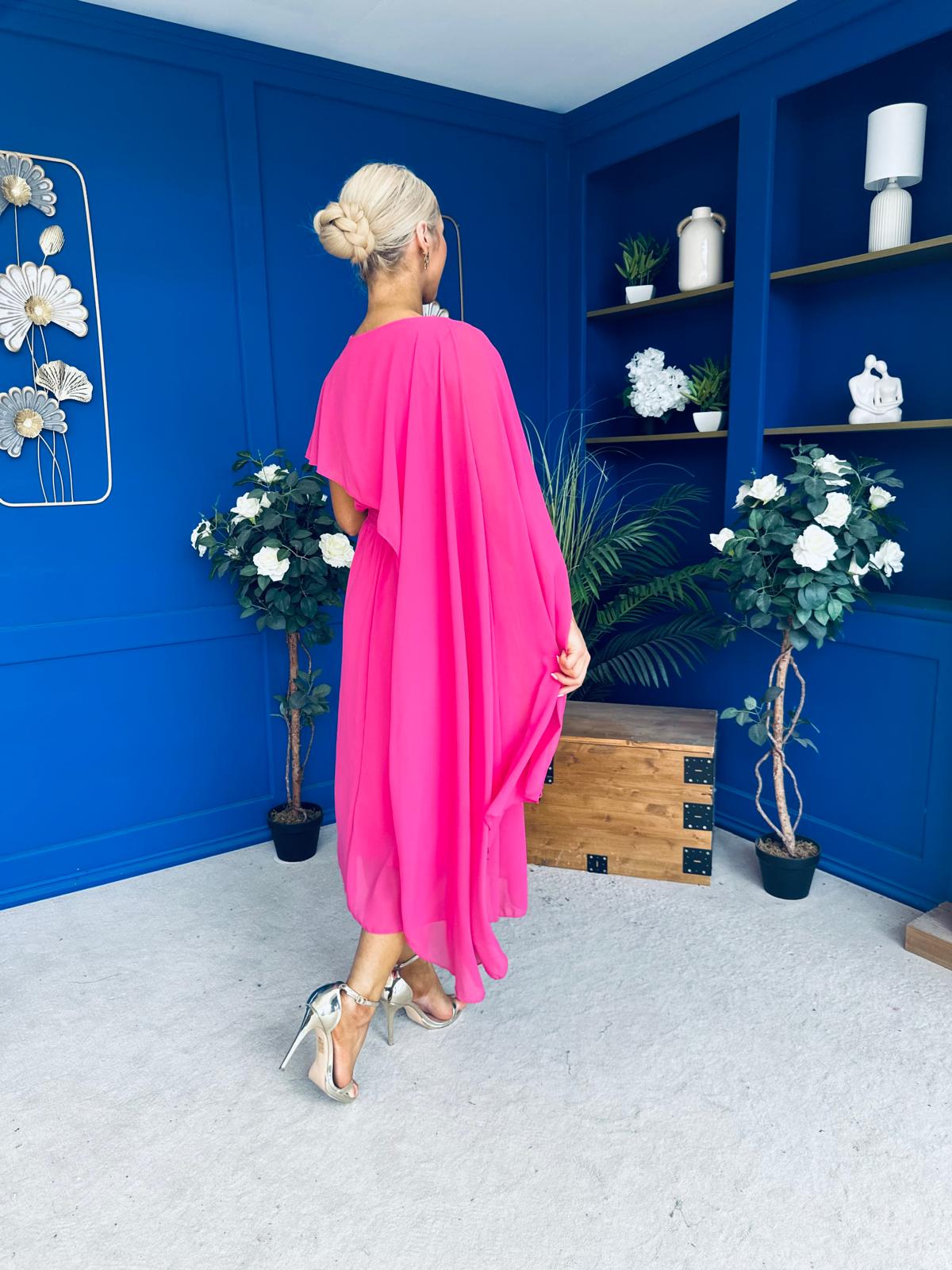 Caoimhe Cape Detail Midi Dress Hot Pink