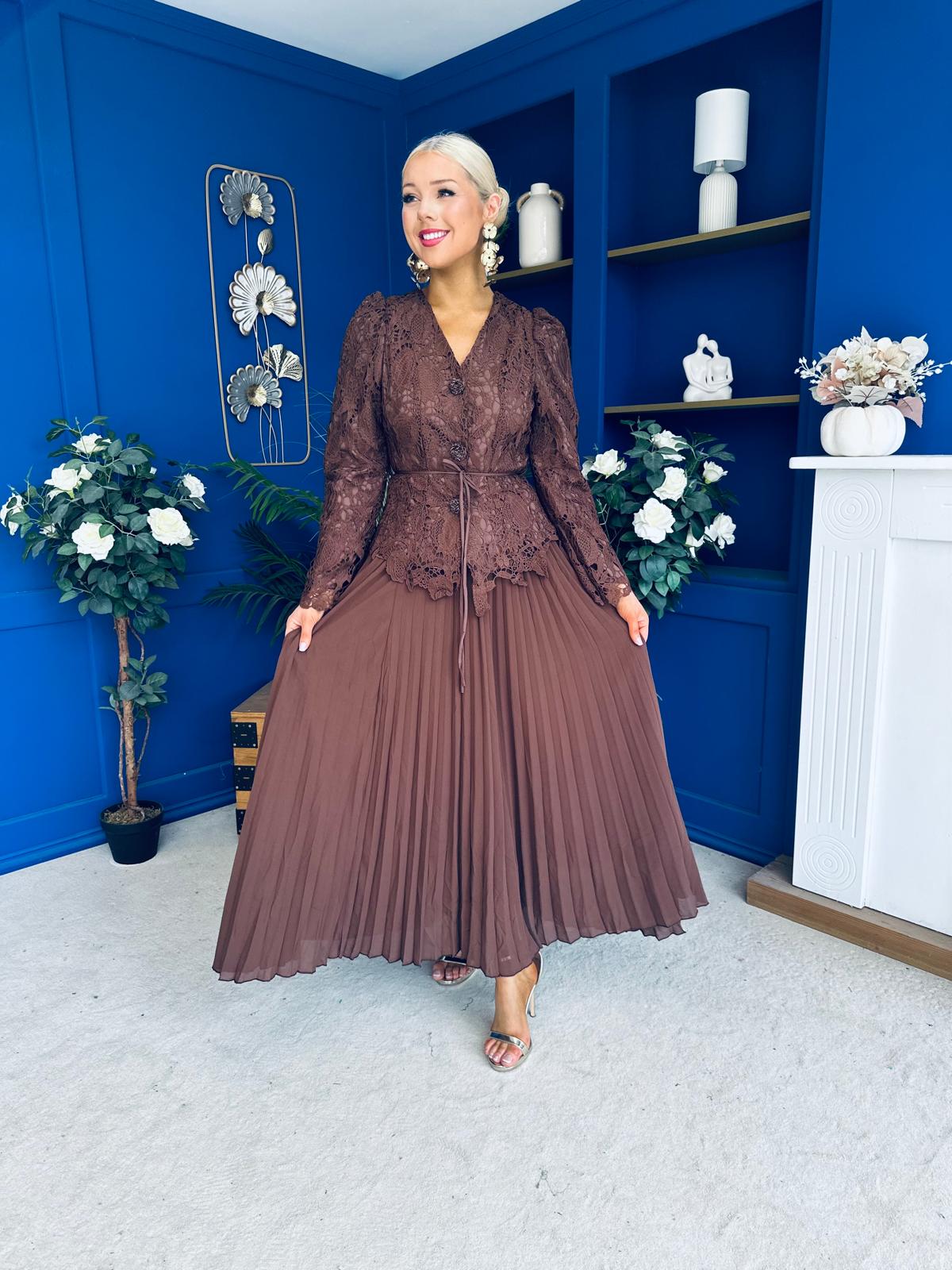 Cait Crochet Top & Chiffon Skirt Set Chocolate