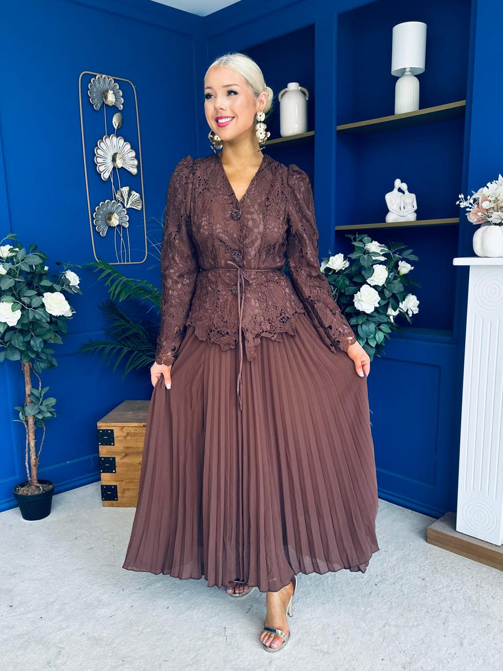 Cait Crochet Top & Chiffon Skirt Set Chocolate