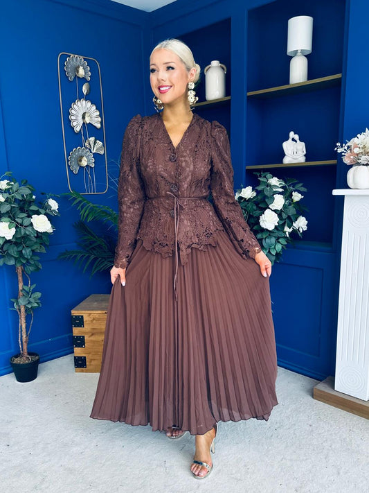 Cait Crochet Top & Chiffon Skirt Set Chocolate