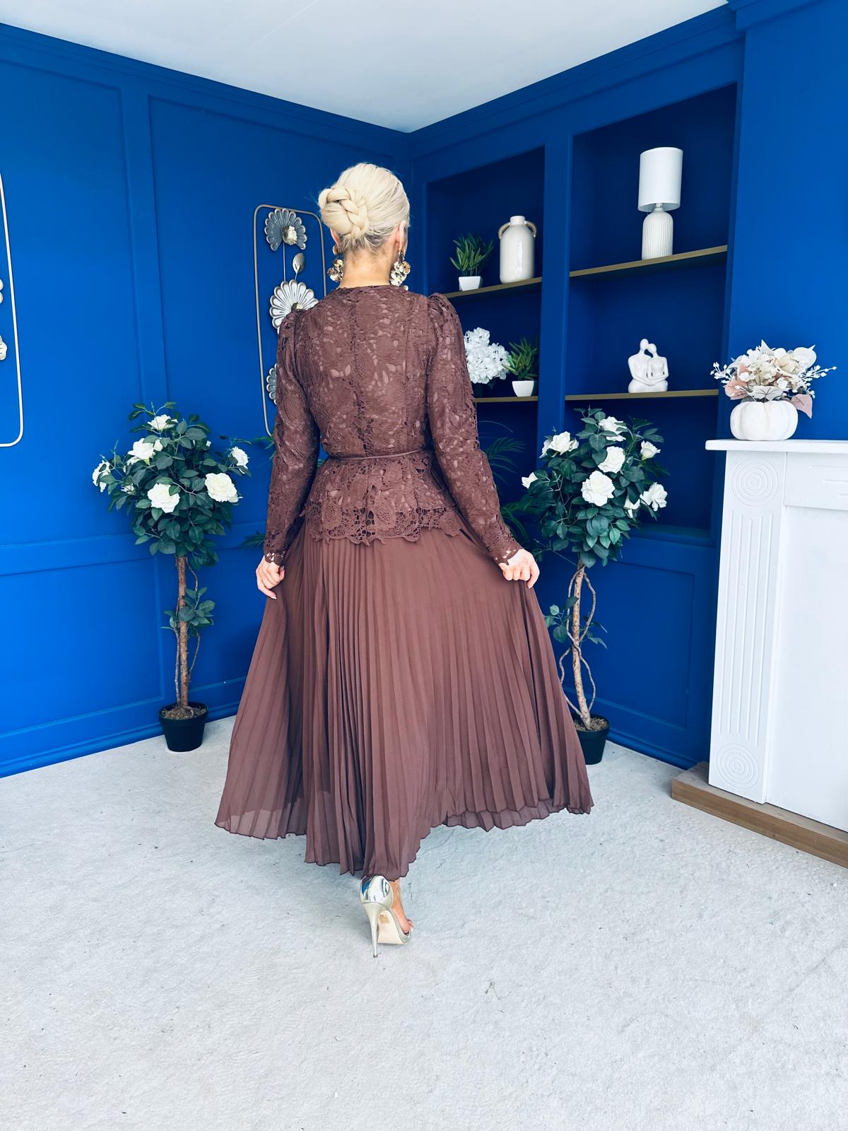Cait Crochet Top & Chiffon Skirt Set Chocolate