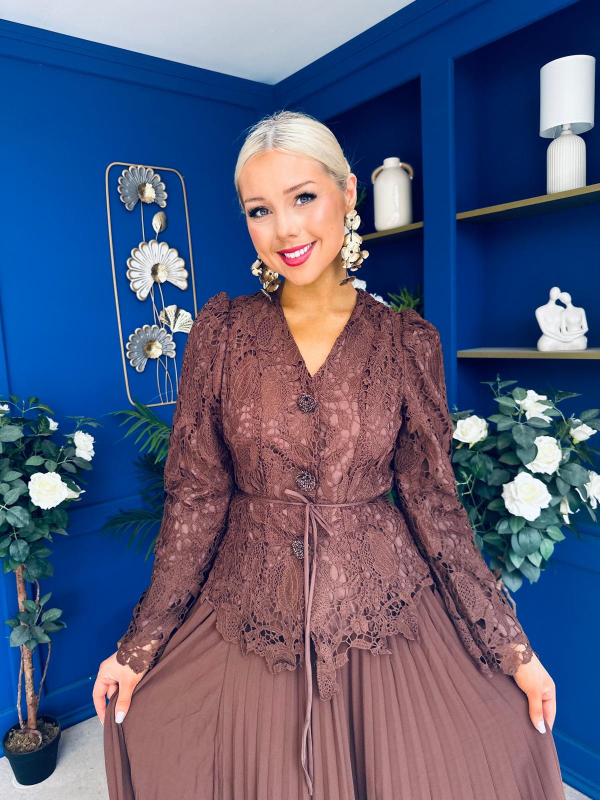 Cait Crochet Top & Chiffon Skirt Set Chocolate