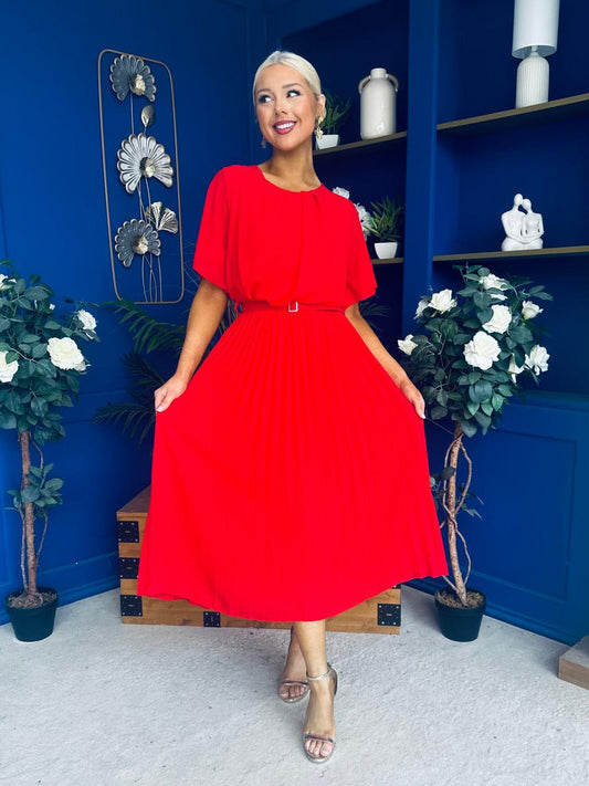 Monica Pleated Midi Dress Red