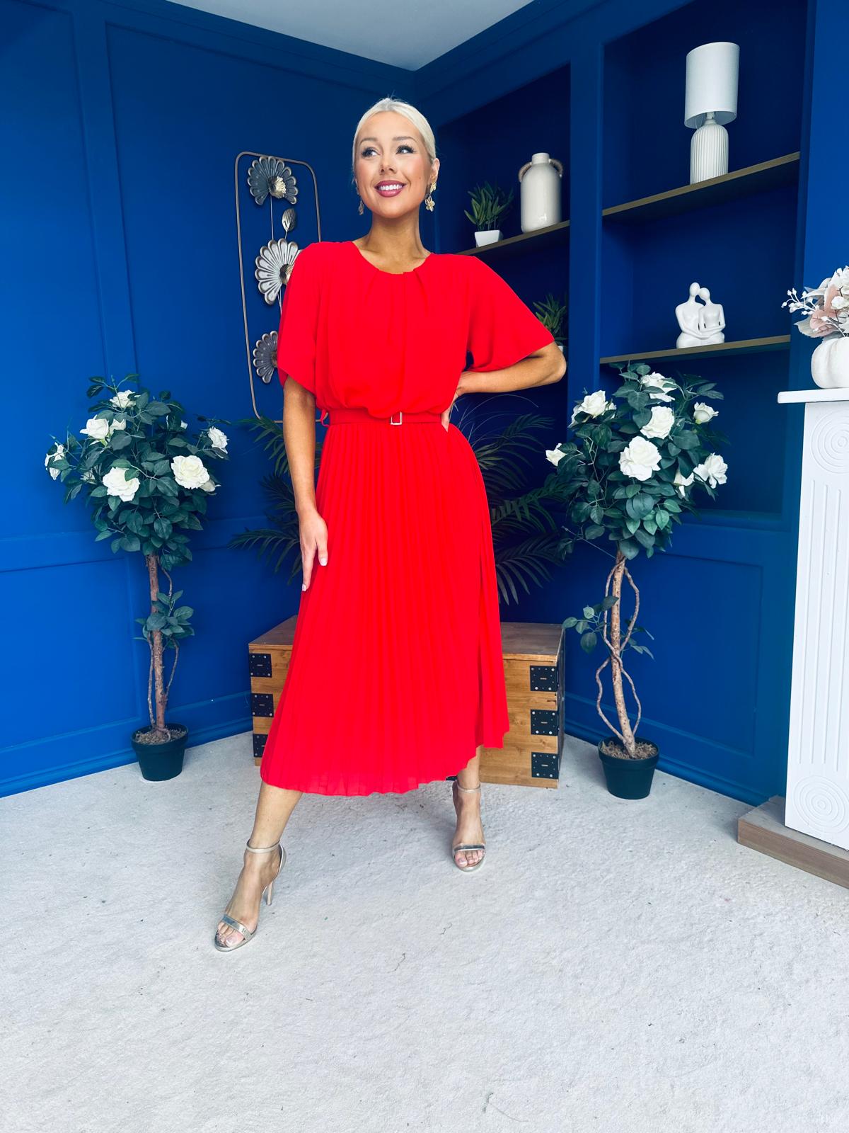Monica Pleated Midi Dress Red