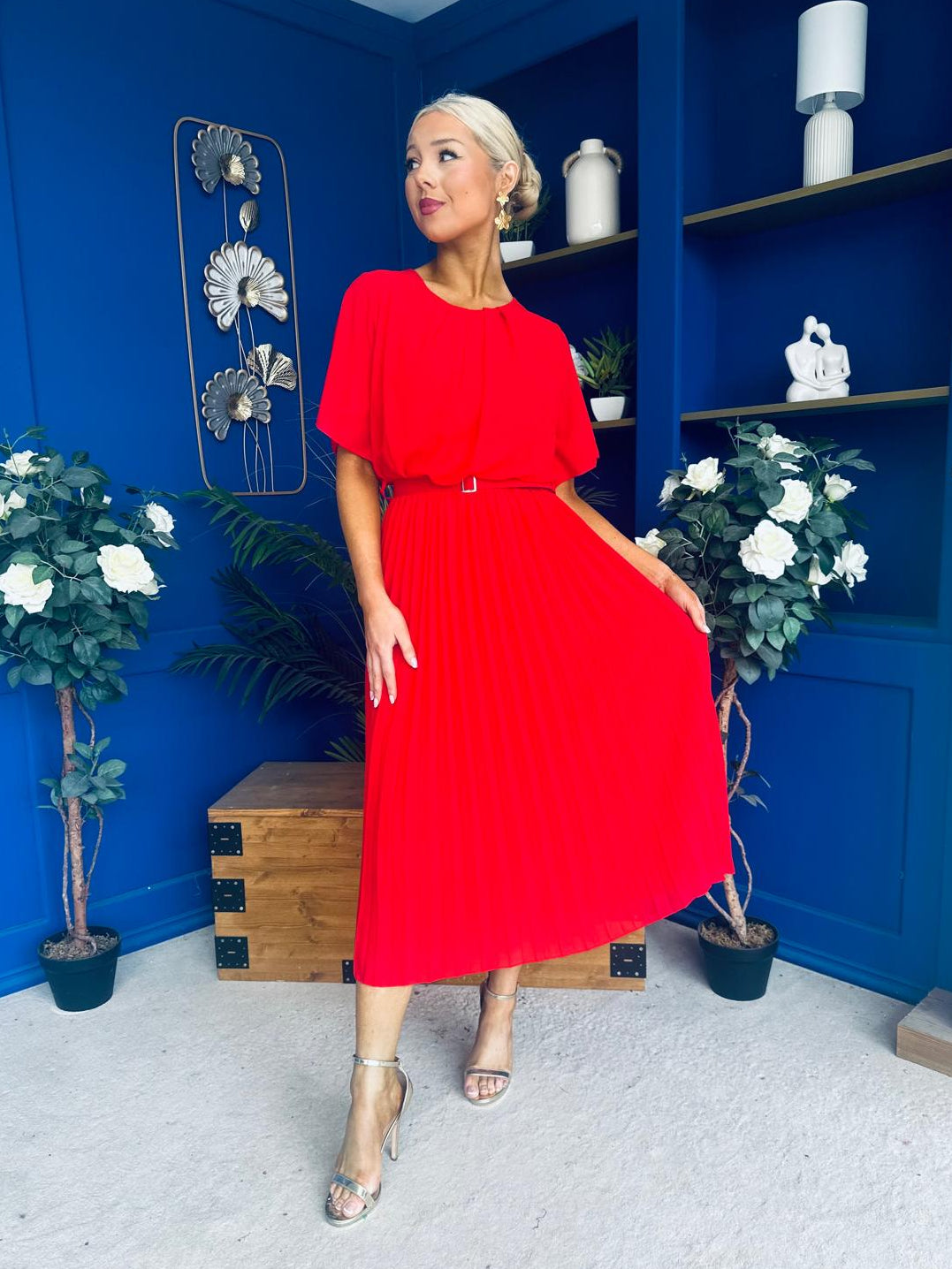 Monica Pleated Midi Dress Red