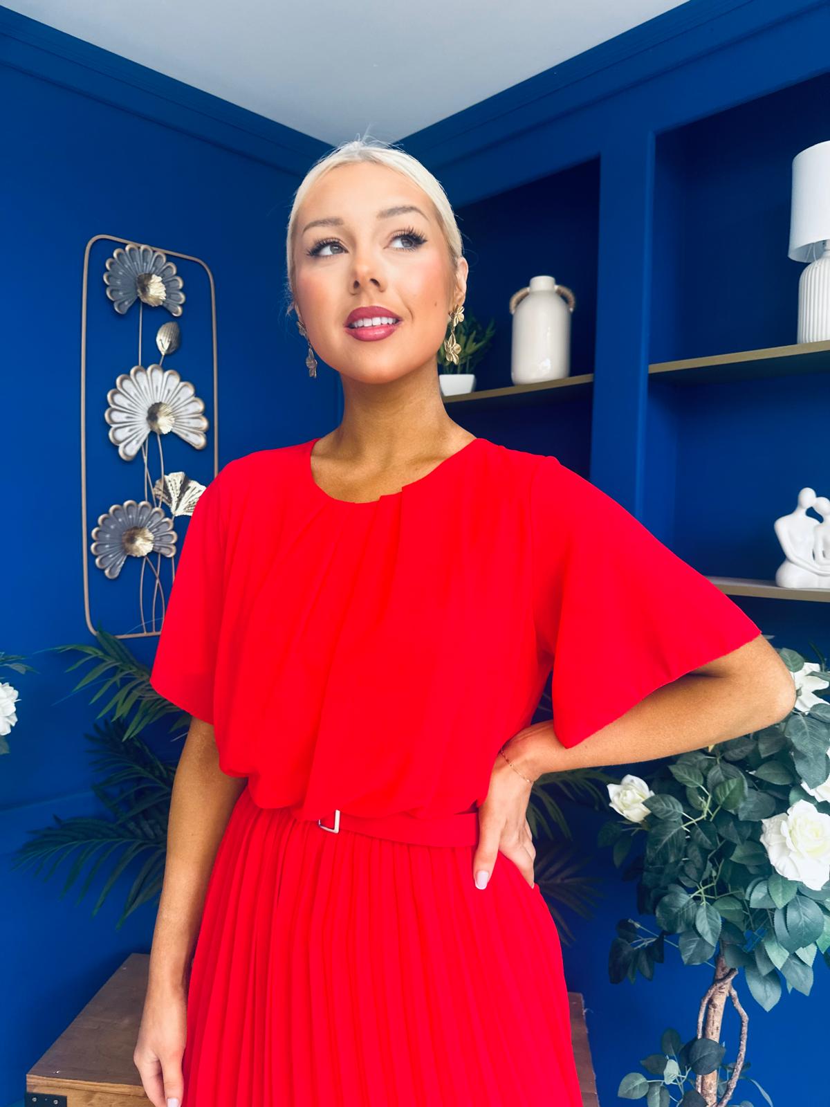 Monica Pleated Midi Dress Red