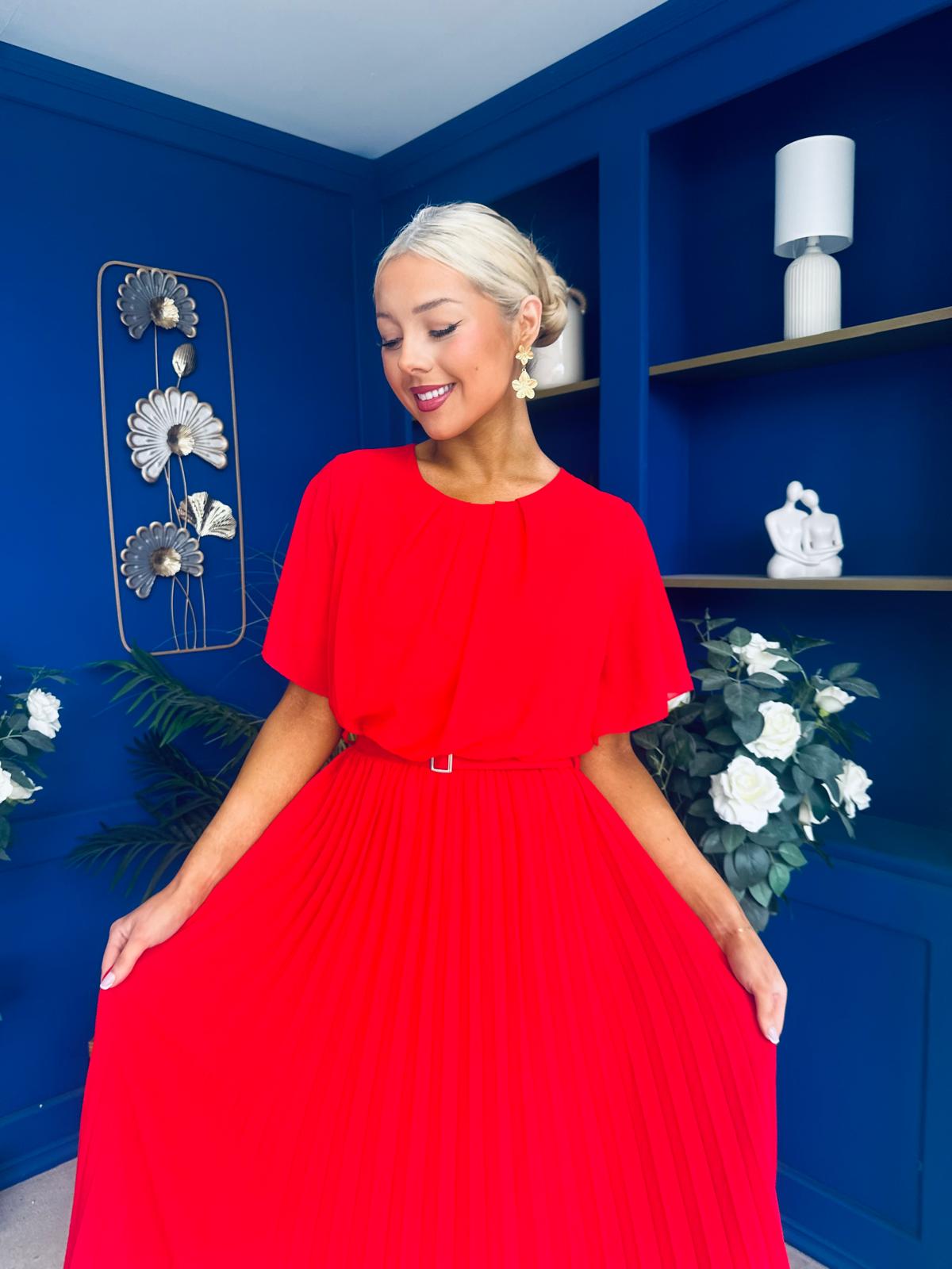 Monica Pleated Midi Dress Red