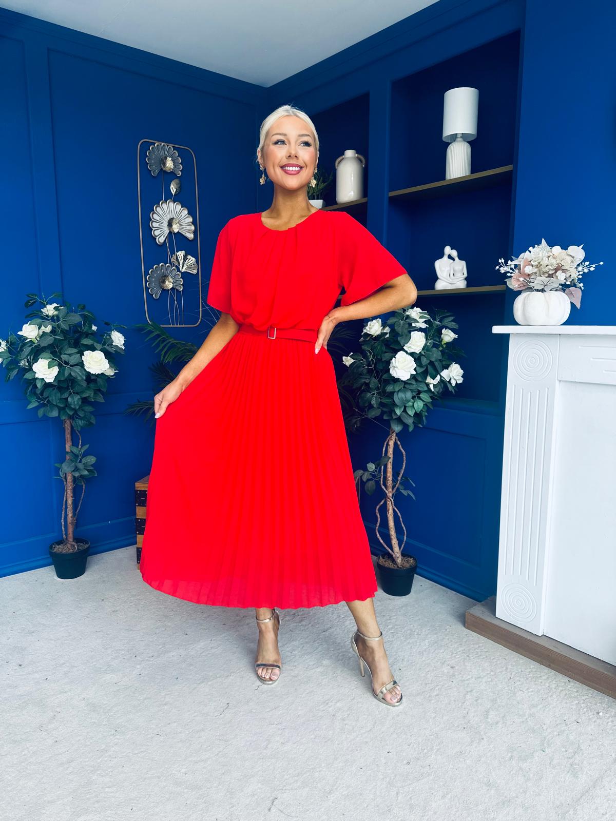 Monica Pleated Midi Dress Red