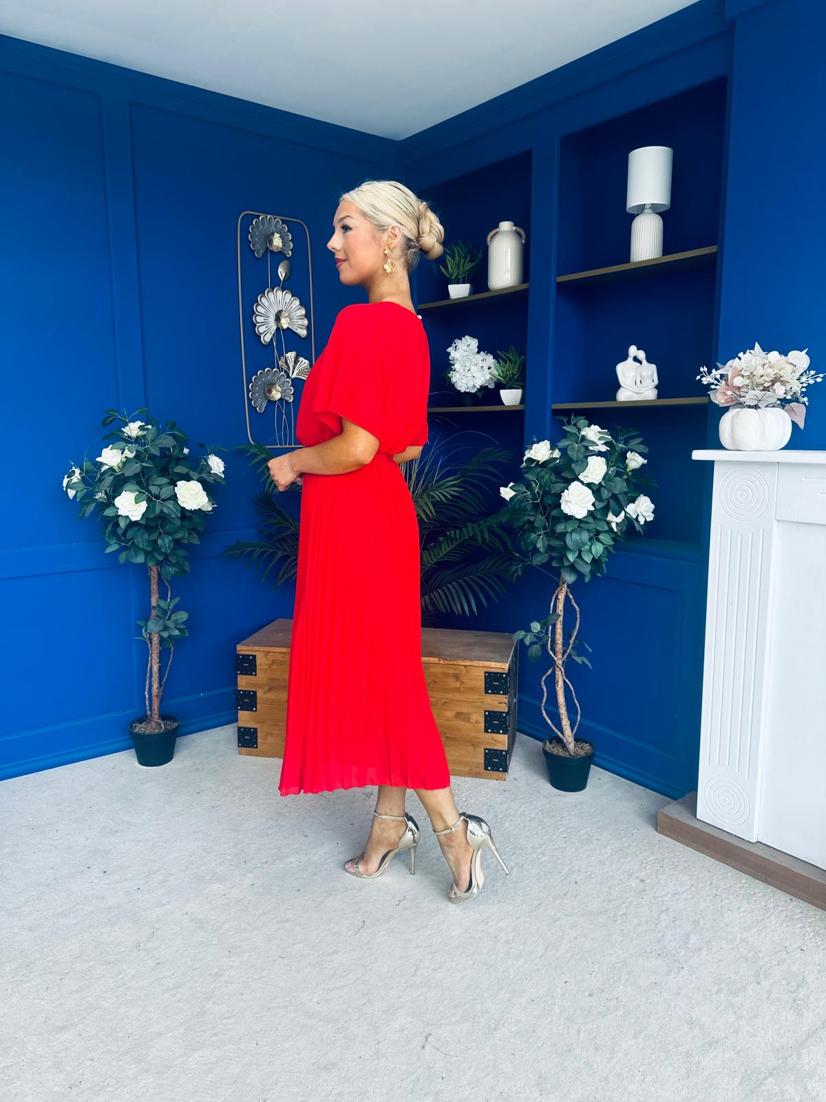 Monica Pleated Midi Dress Red