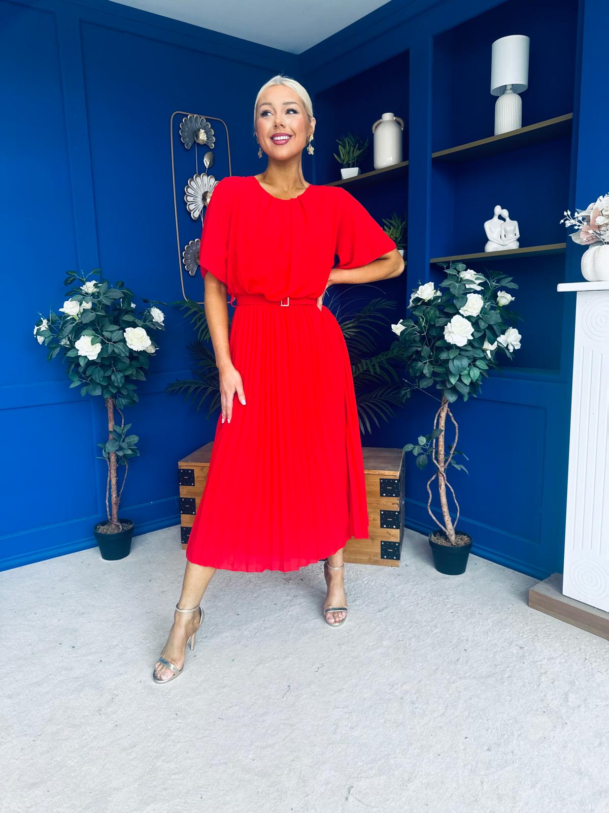 Monica Pleated Midi Dress Red