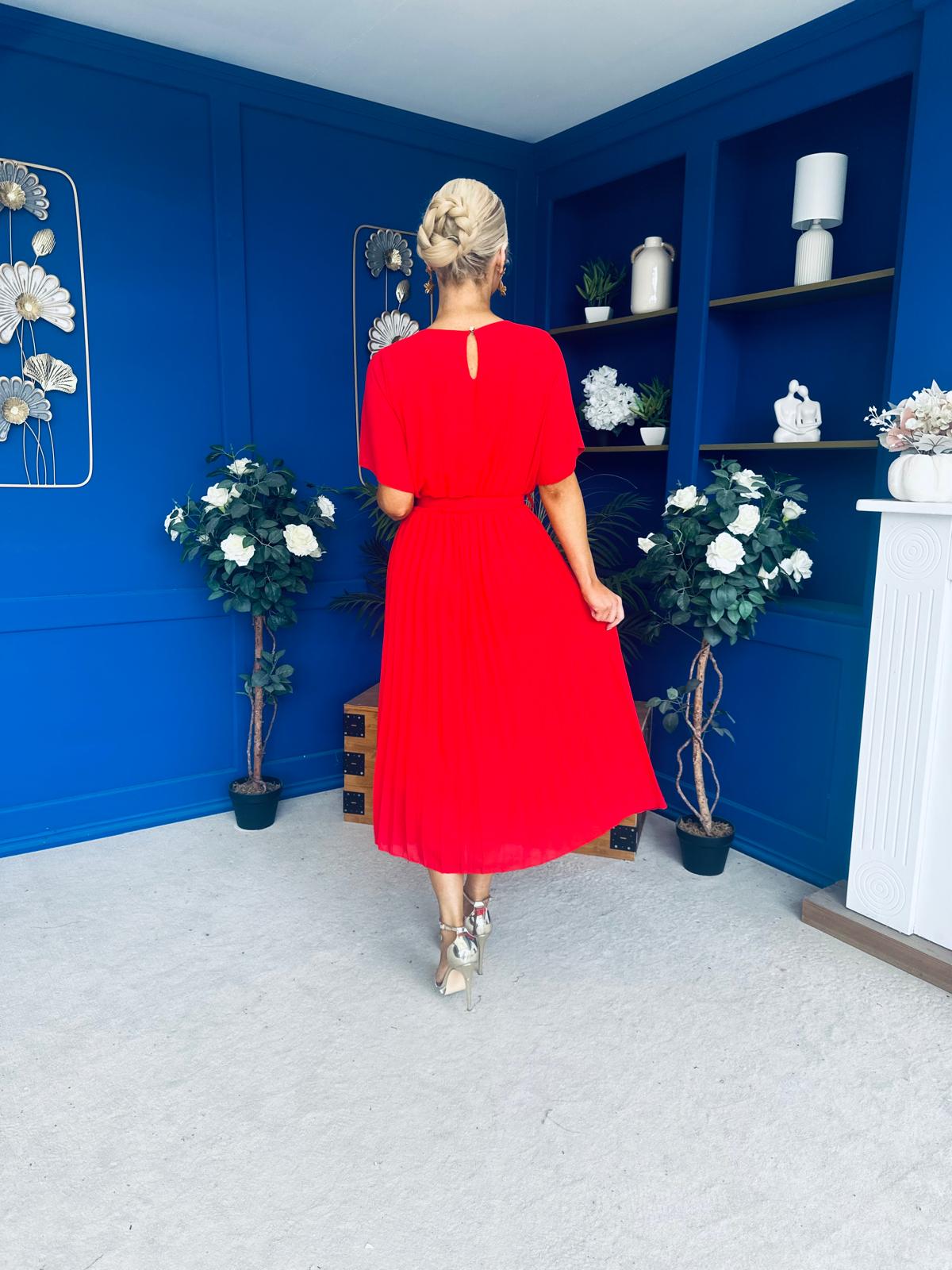 Monica Pleated Midi Dress Red