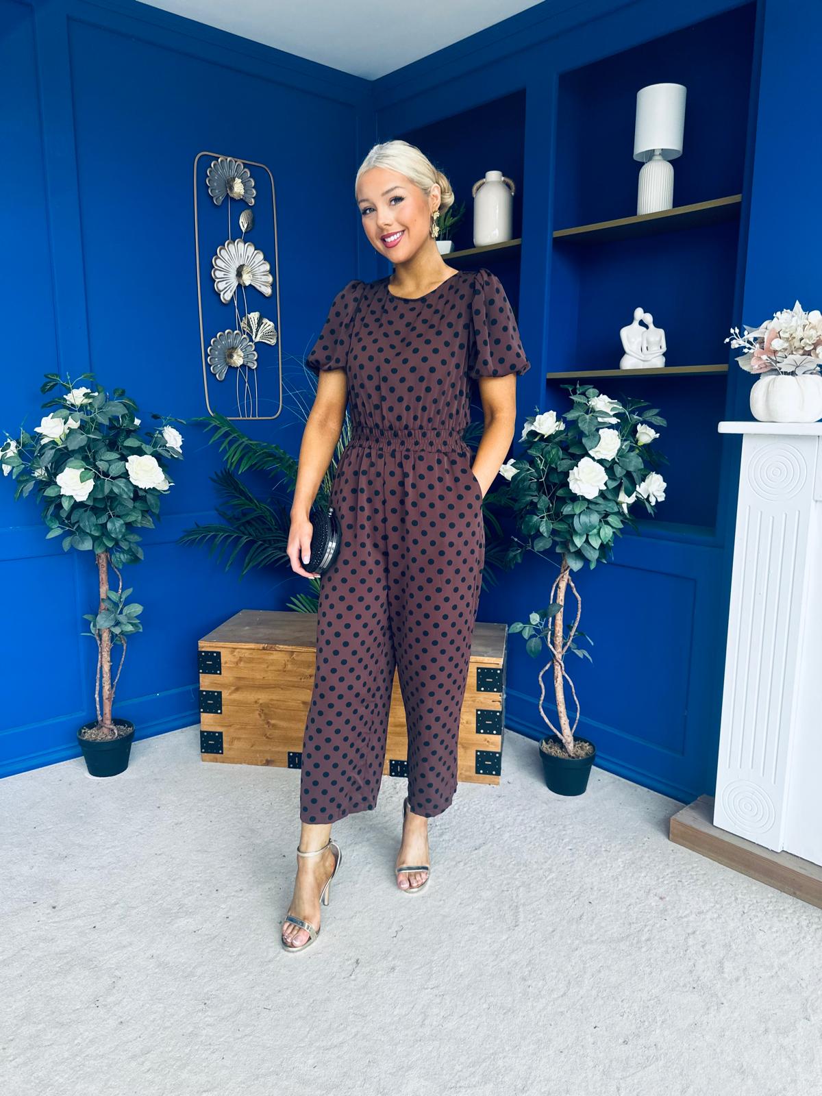 Pixie Culotte Jumpsuit Black Polka Chocolate