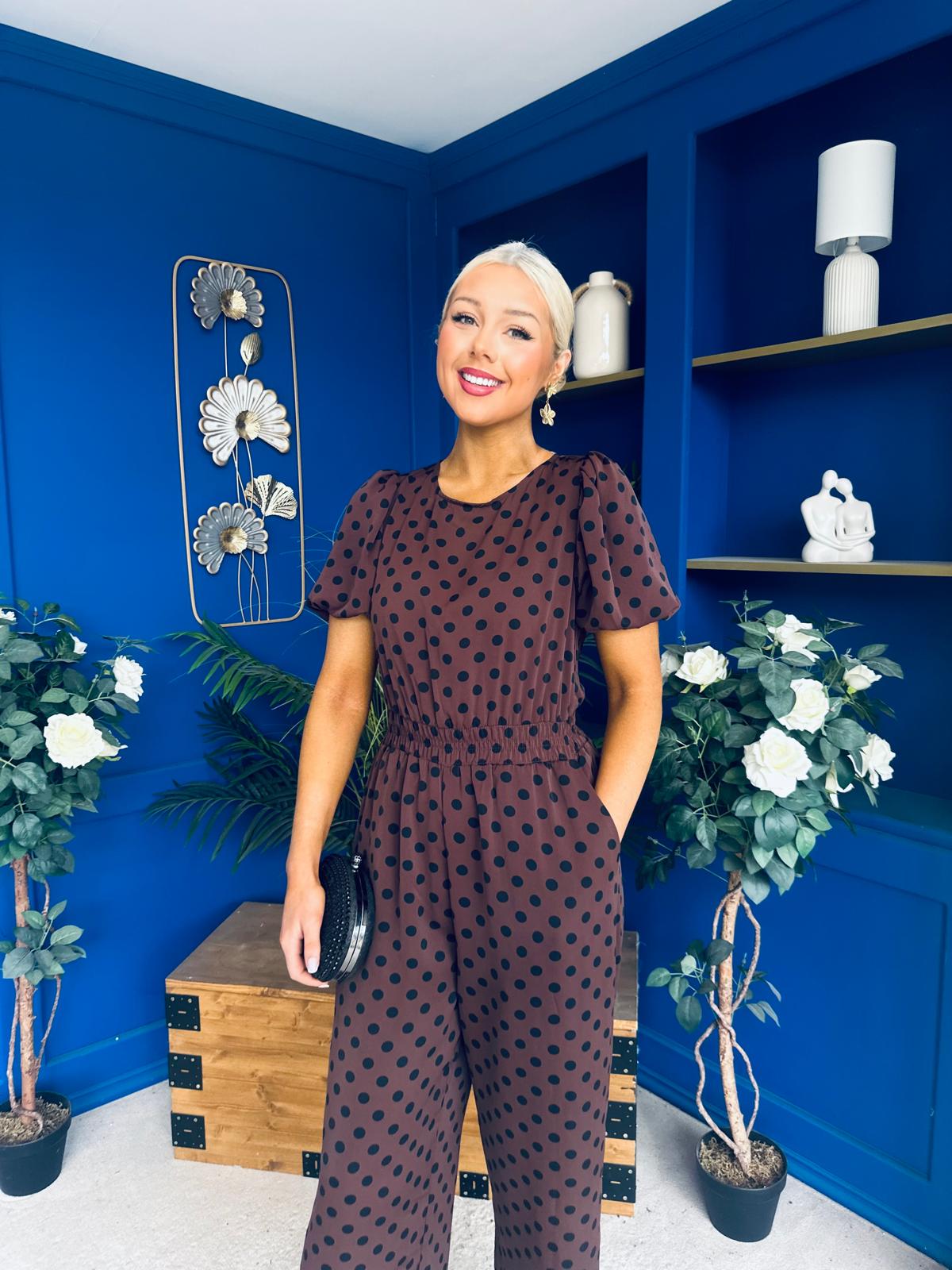 Pixie Culotte Jumpsuit Black Polka Chocolate