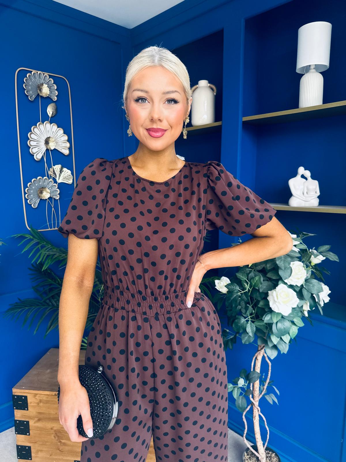 Pixie Culotte Jumpsuit Black Polka Chocolate