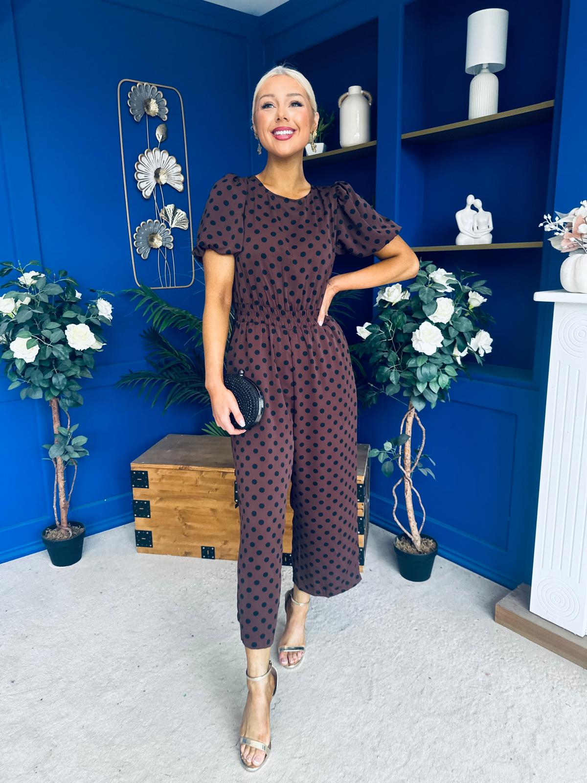 Pixie Culotte Jumpsuit Black Polka Chocolate