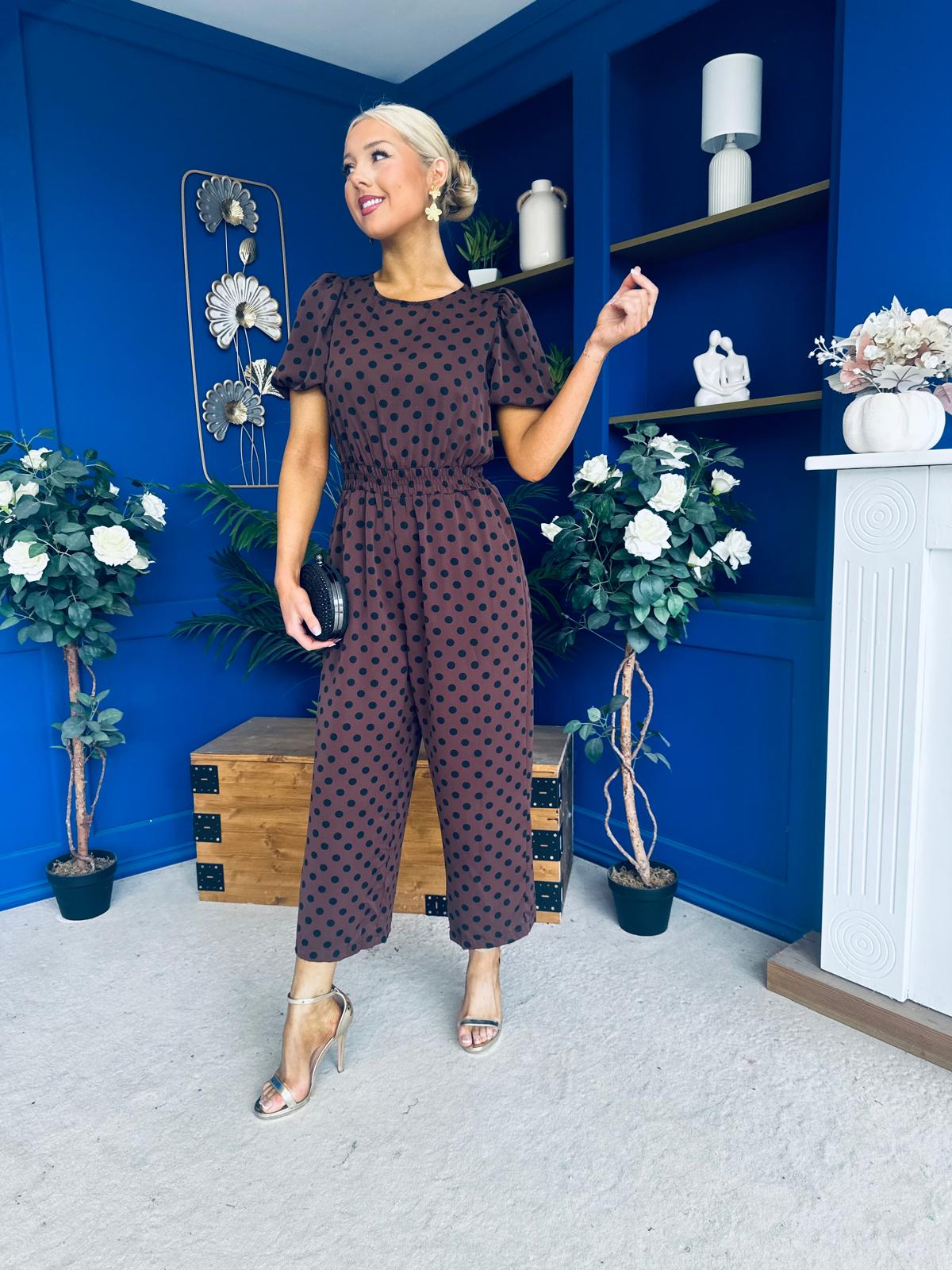 Pixie Culotte Jumpsuit Black Polka Chocolate