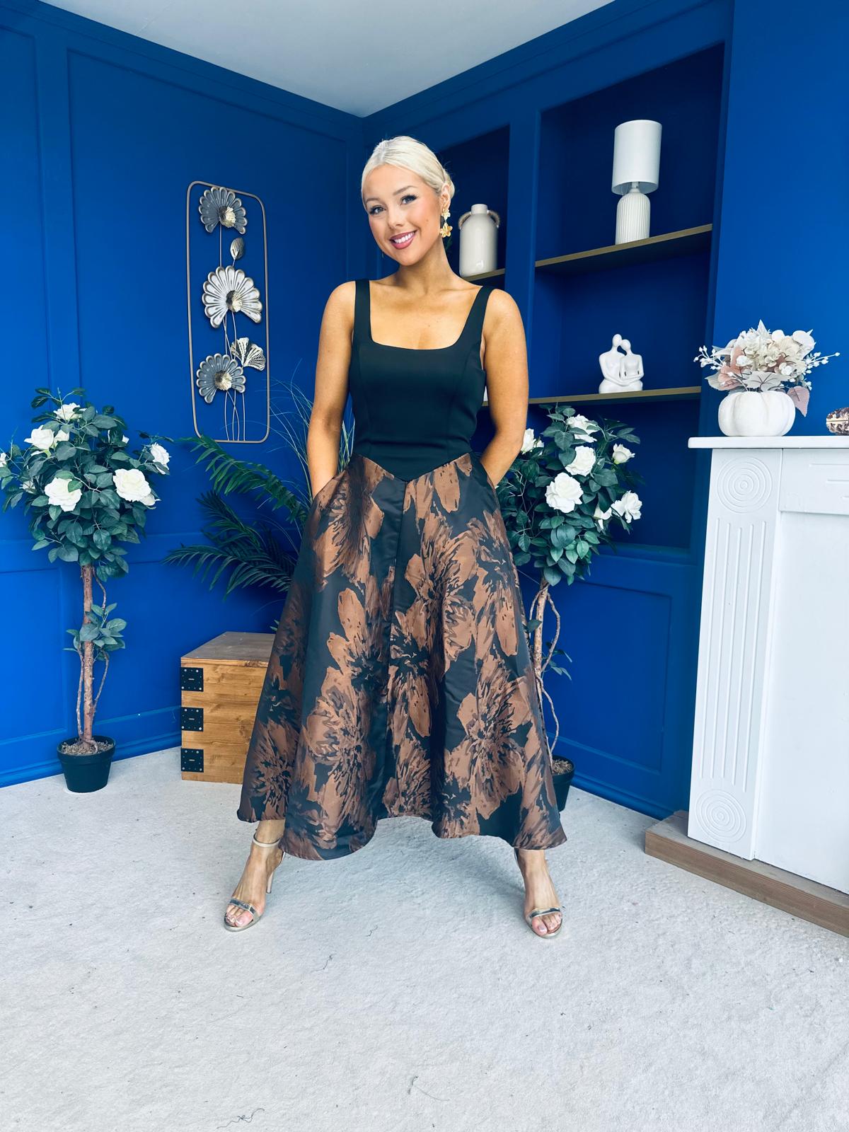 Kerri Floral Jacquard A-Line Midi Dress Black