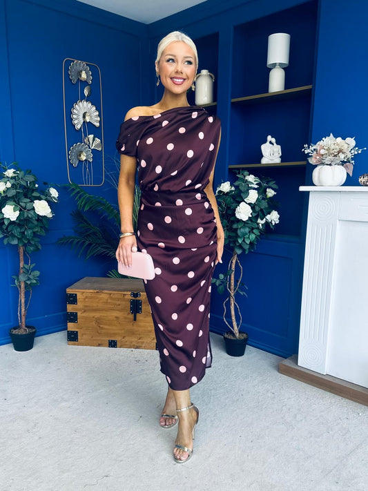 Kylie Off Shoulder Draped Midi Dress Polka Plum
