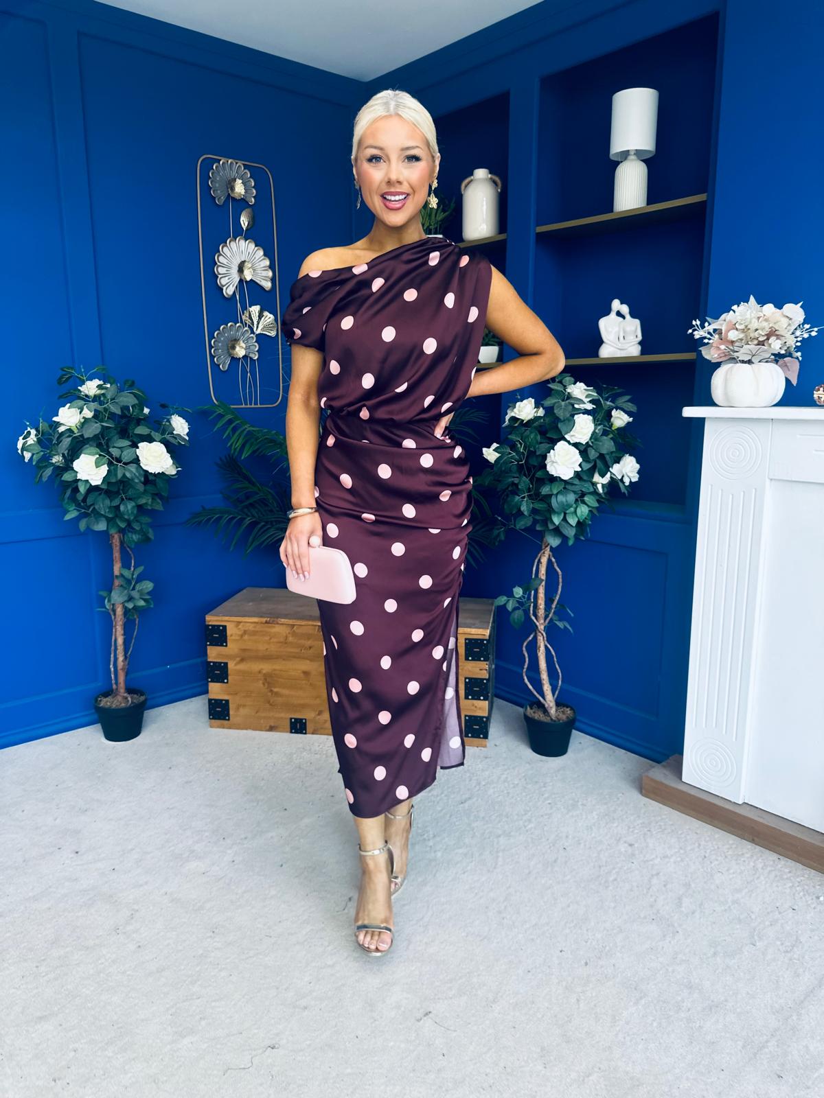 Kylie Off Shoulder Draped Midi Dress Polka Plum