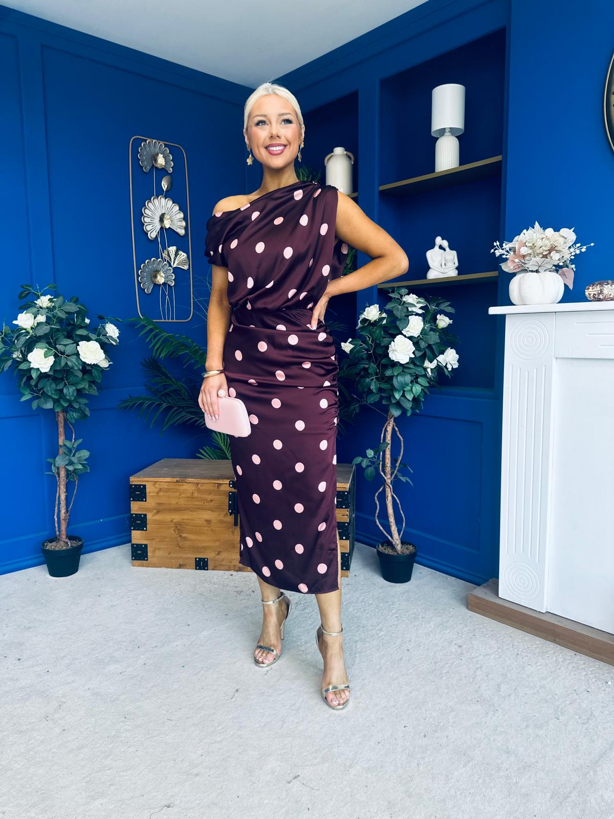 Kylie Off Shoulder Draped Midi Dress Polka Plum