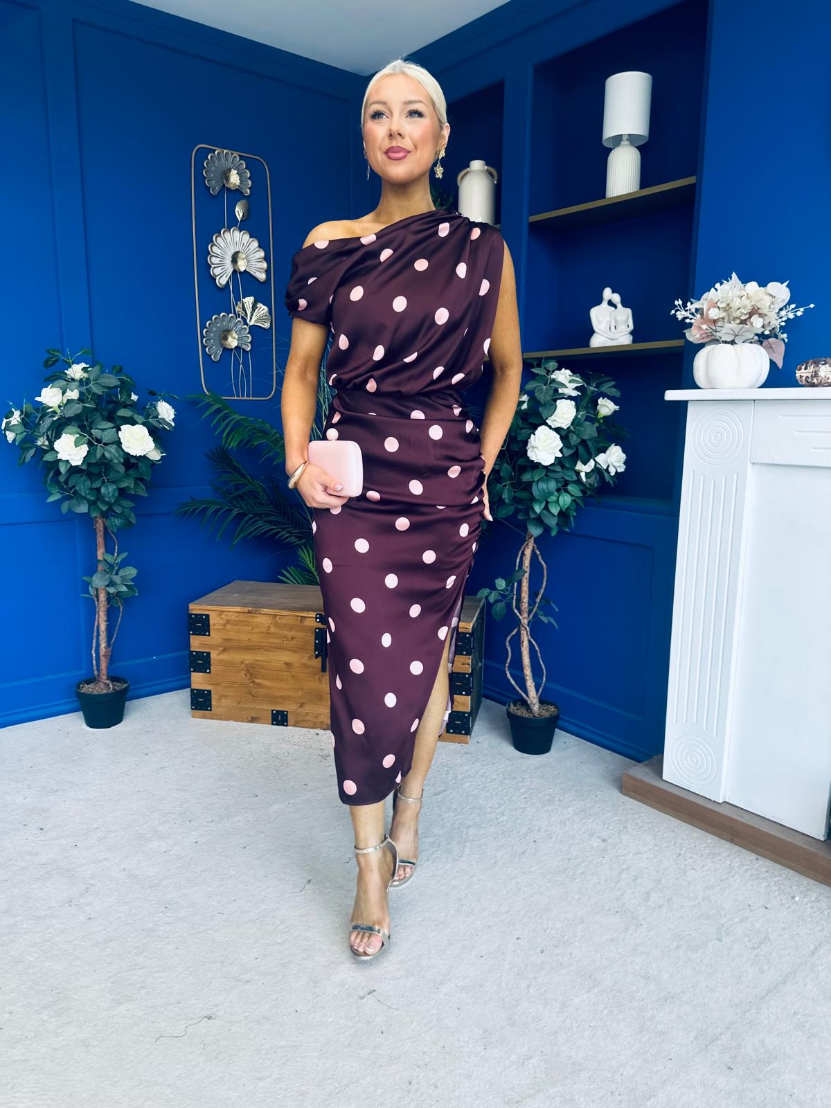 Kylie Off Shoulder Draped Midi Dress Polka Plum
