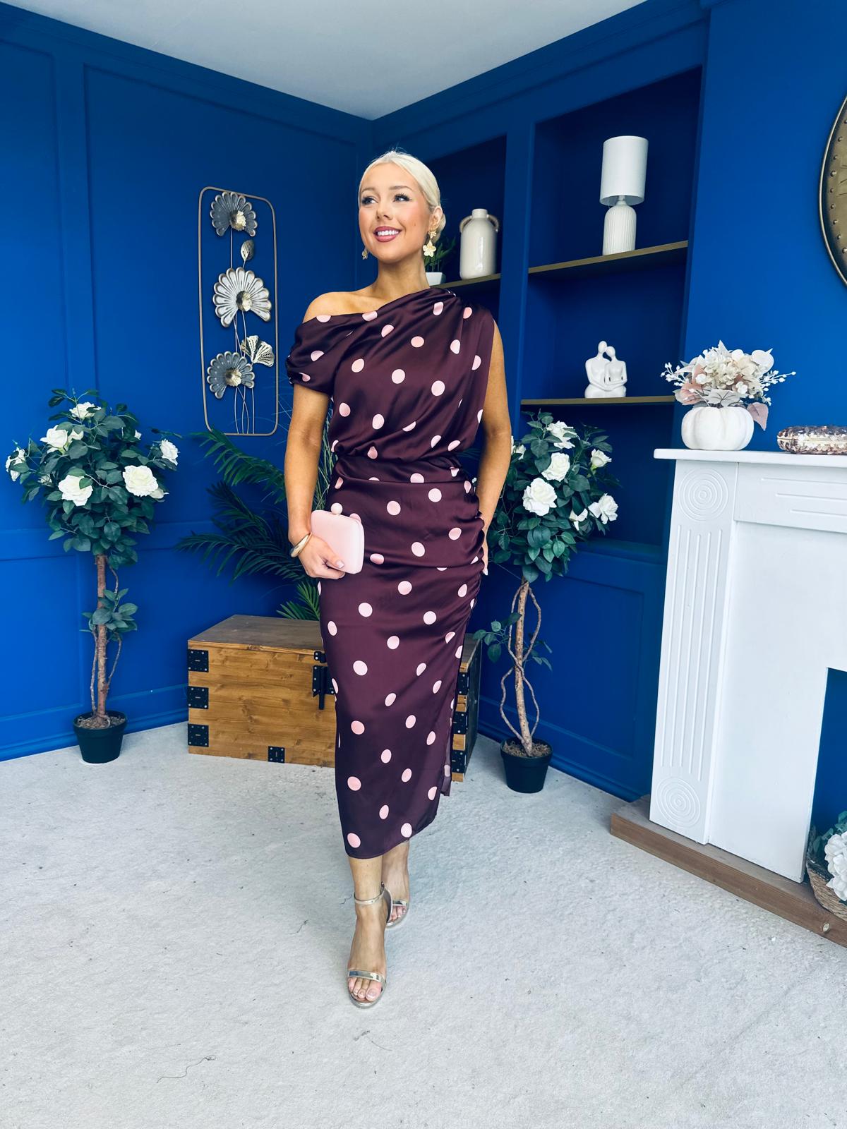 Kylie Off Shoulder Draped Midi Dress Polka Plum