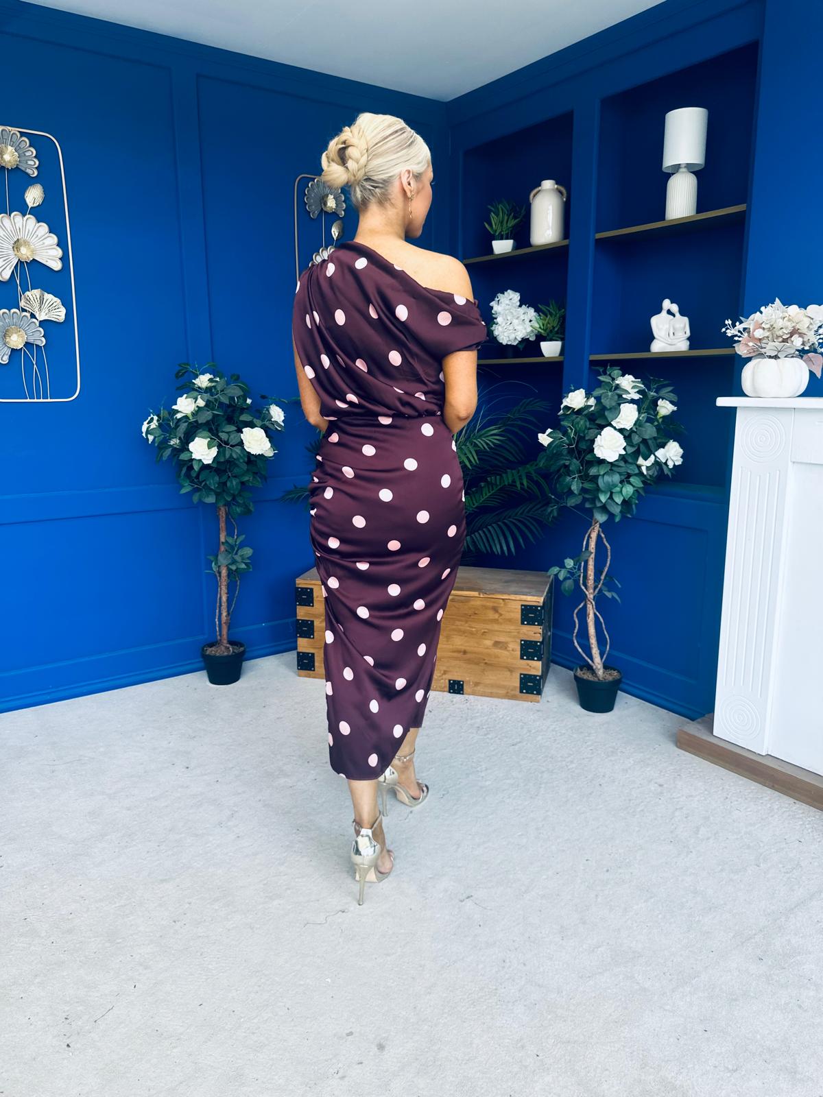 Kylie Off Shoulder Draped Midi Dress Polka Plum