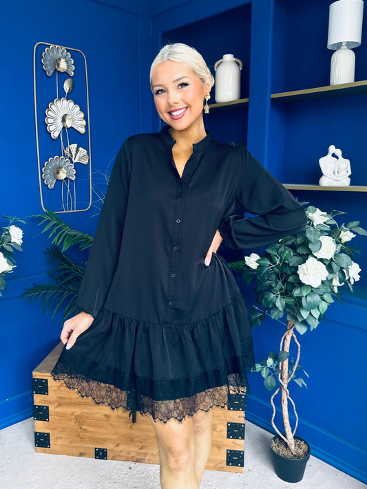 Liah Lace Hem Mini Smock Shirt Dress Black