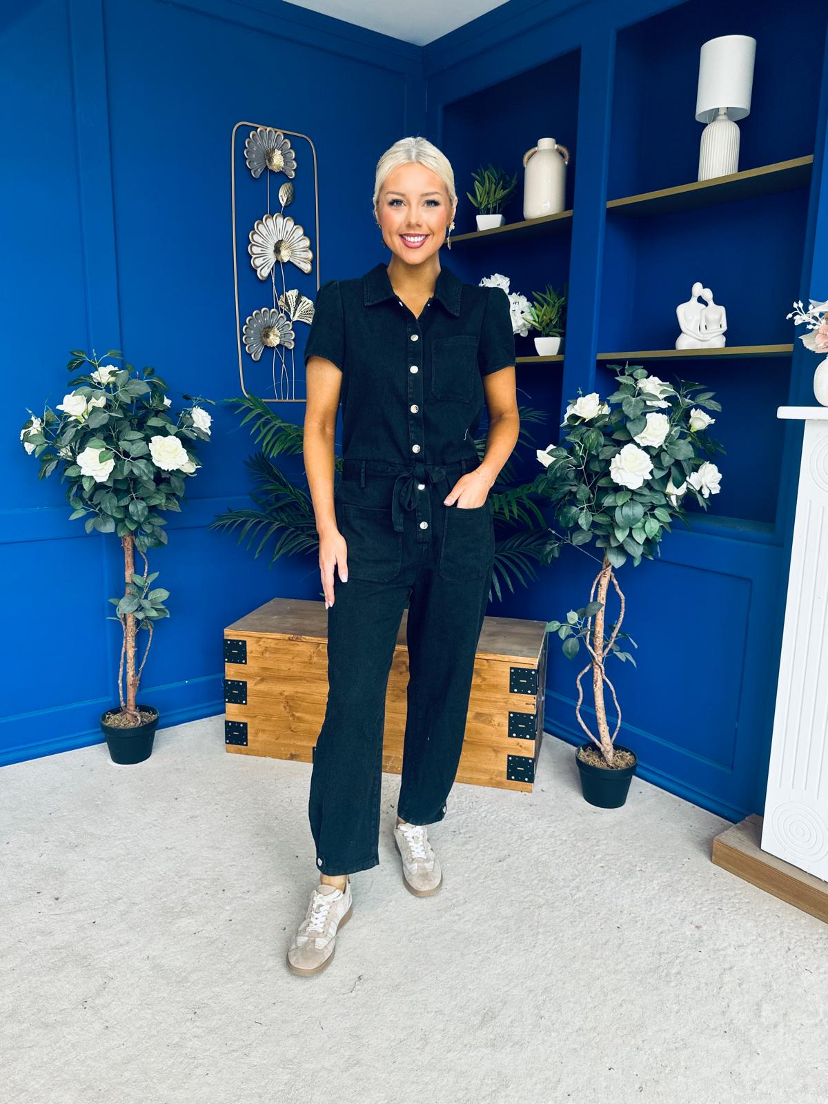 Marissa Short Sleeve Denim Jumpsuit Black