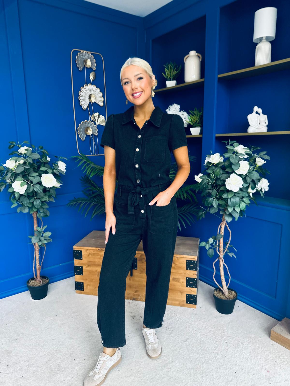 Marissa Short Sleeve Denim Jumpsuit Black