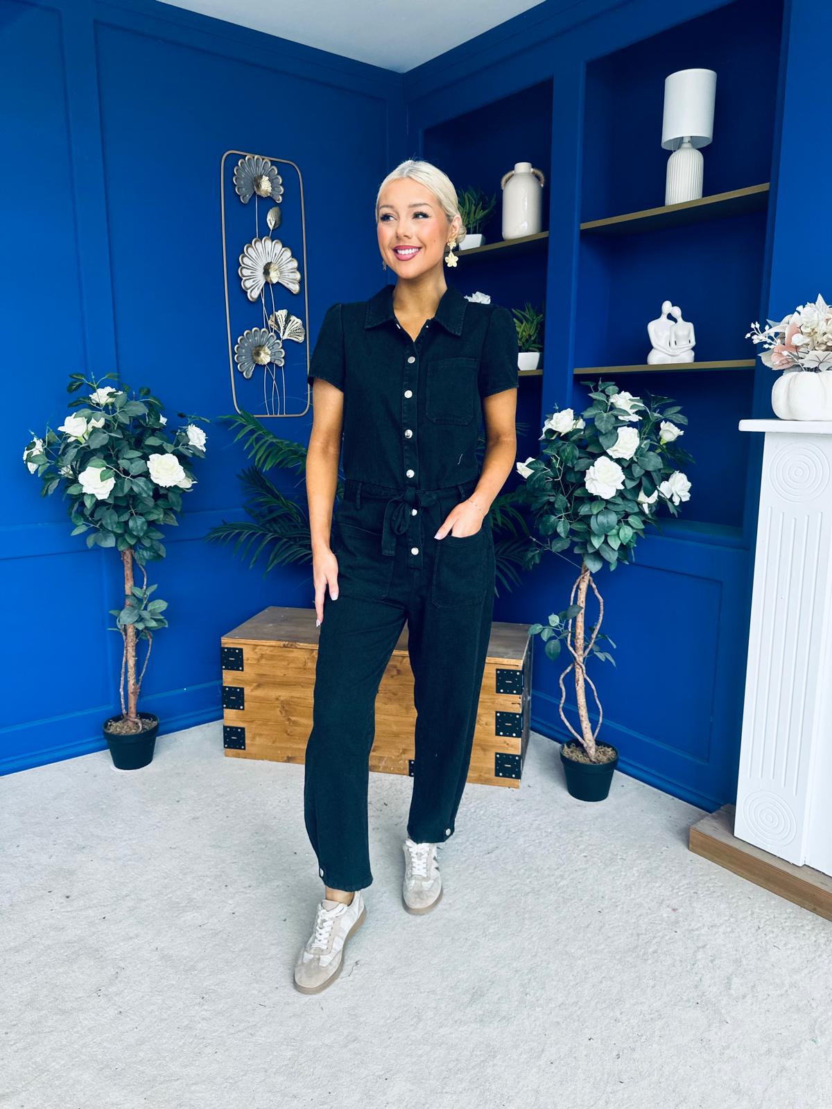 Marissa Short Sleeve Denim Jumpsuit Black