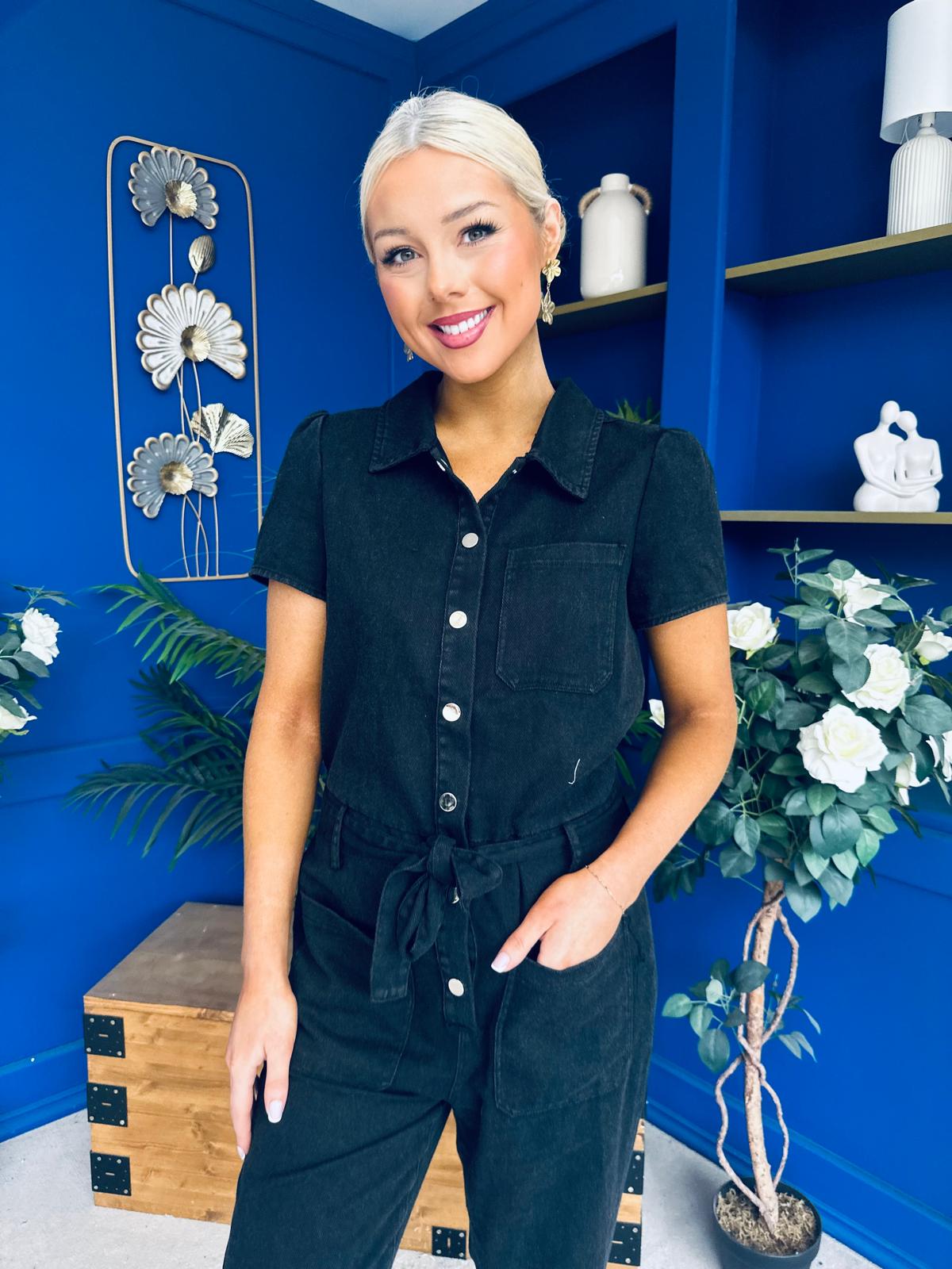 Marissa Short Sleeve Denim Jumpsuit Black