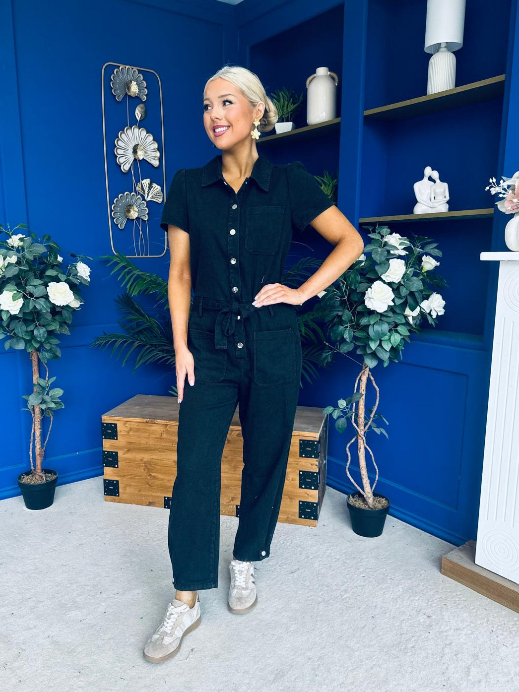 Marissa Short Sleeve Denim Jumpsuit Black