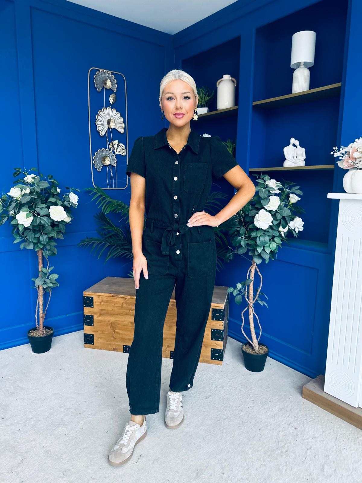 Marissa Short Sleeve Denim Jumpsuit Black