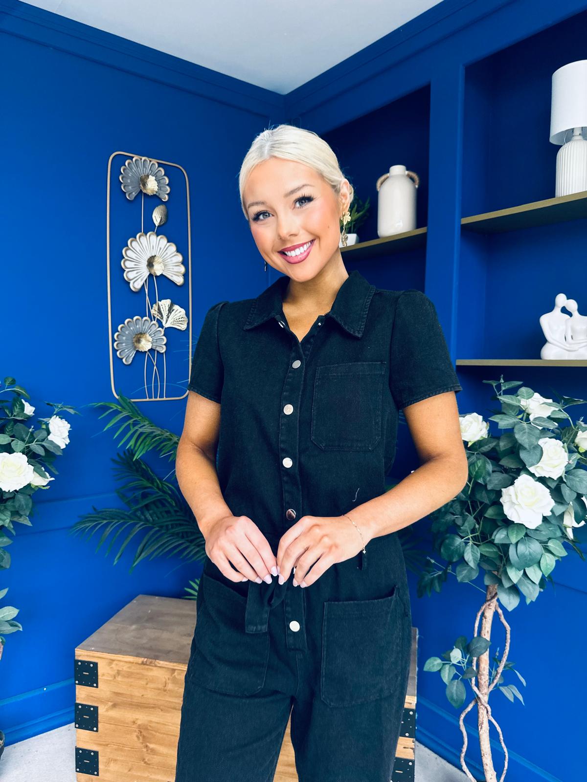 Marissa Short Sleeve Denim Jumpsuit Black