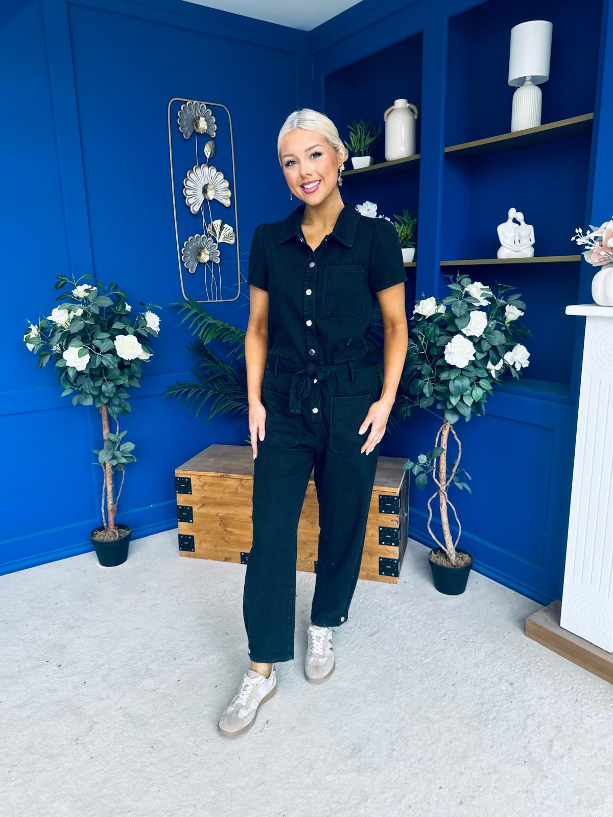 Marissa Short Sleeve Denim Jumpsuit Black
