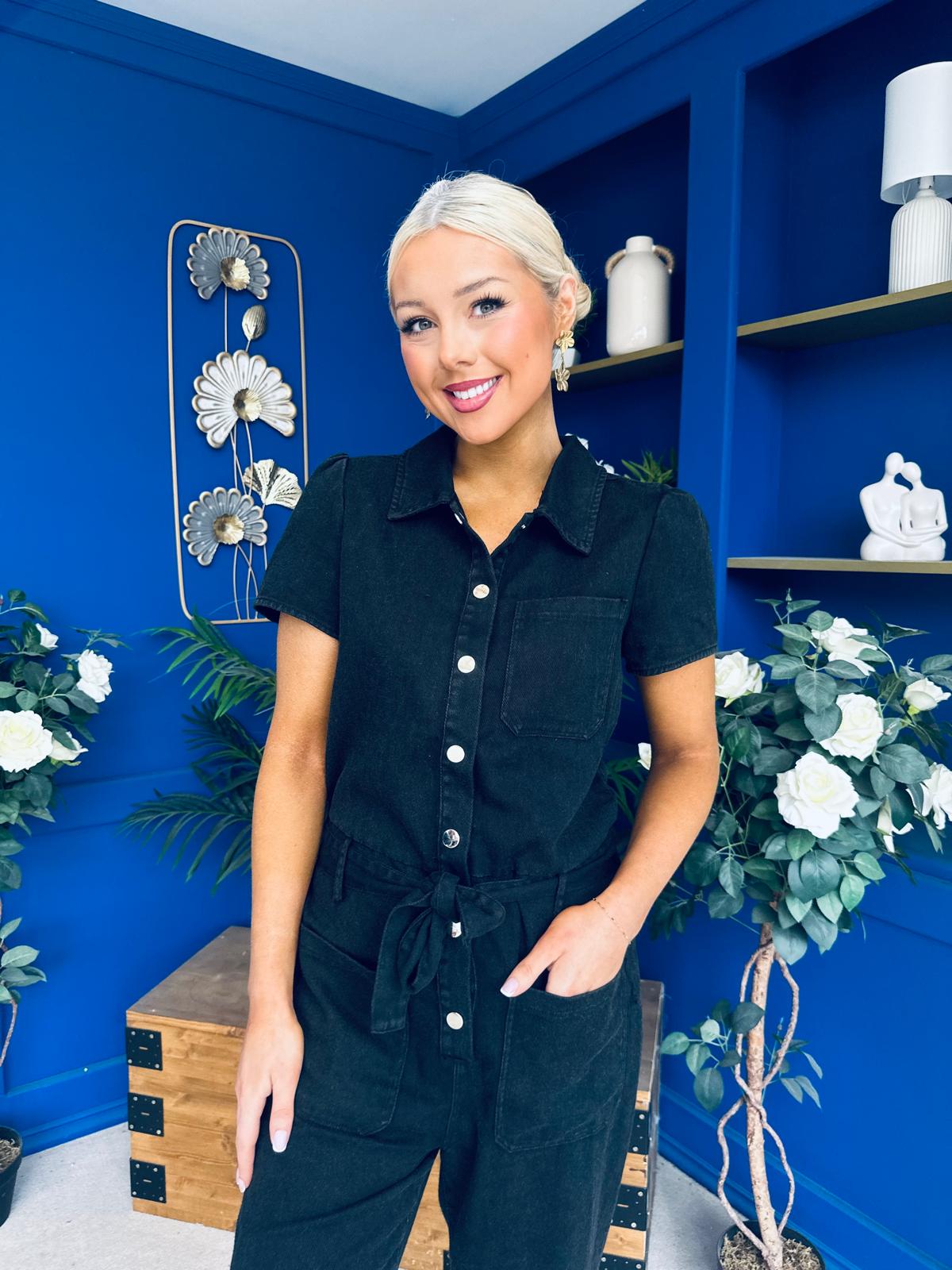Marissa Short Sleeve Denim Jumpsuit Black