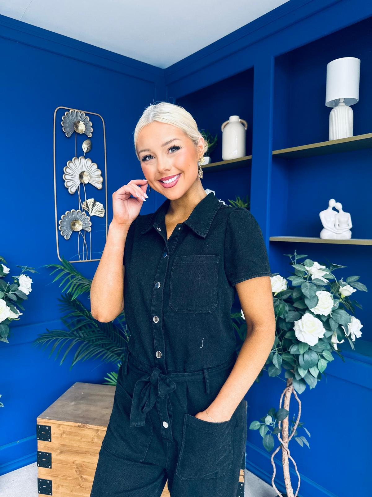 Marissa Short Sleeve Denim Jumpsuit Black