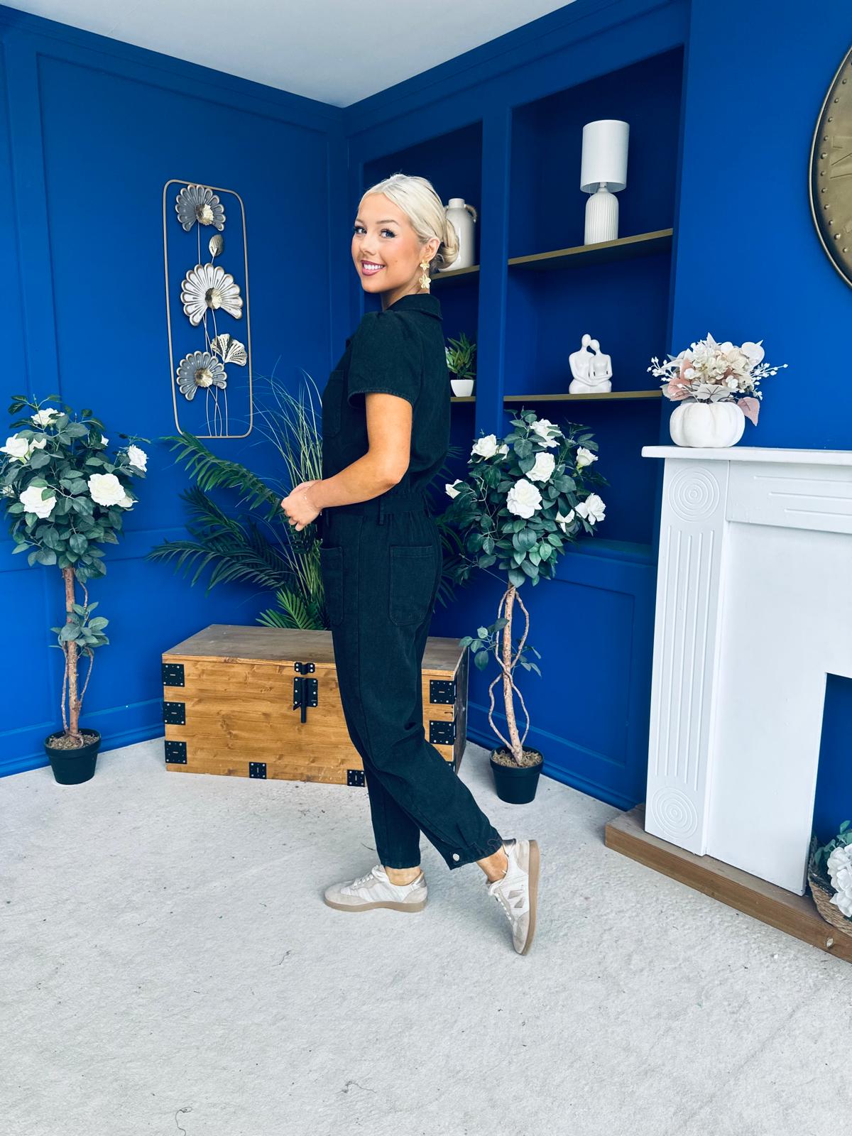 Marissa Short Sleeve Denim Jumpsuit Black