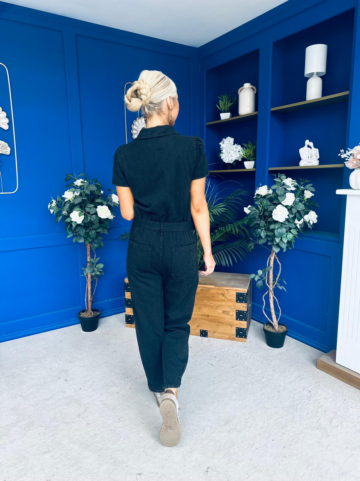 Marissa Short Sleeve Denim Jumpsuit Black