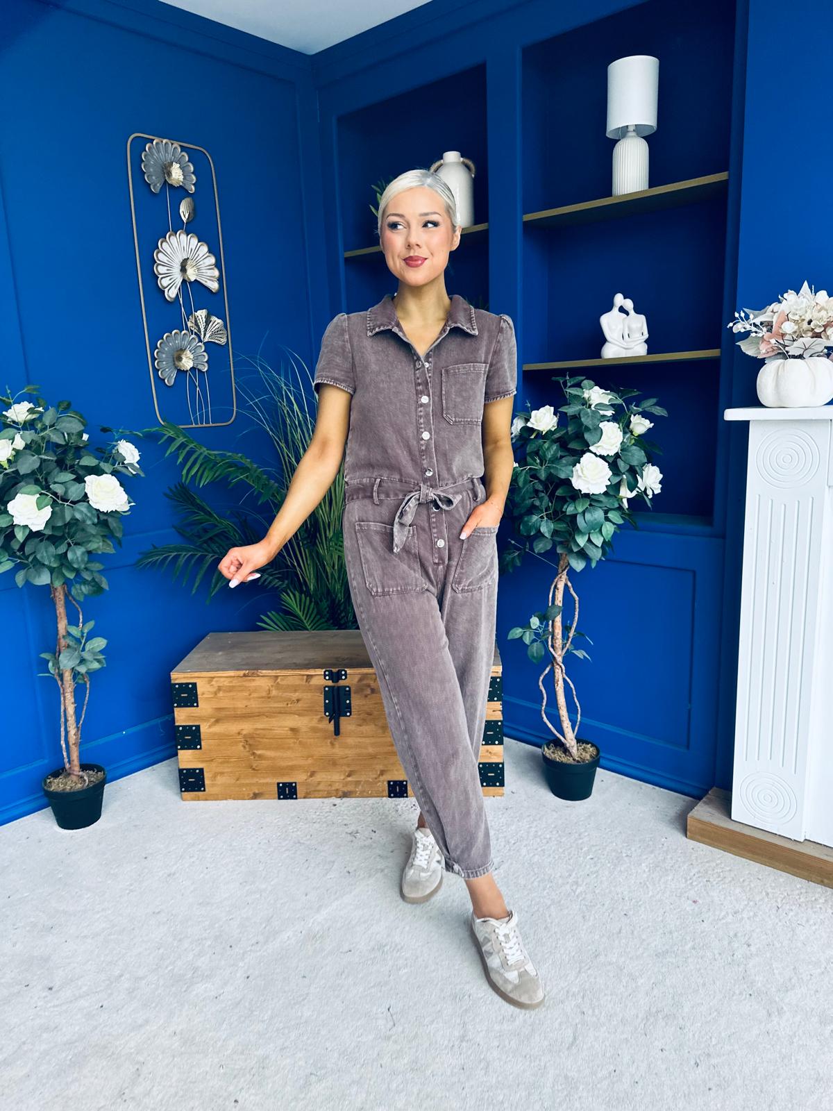 Marissa Short Sleeve Denim Jumpsuit Chocolate