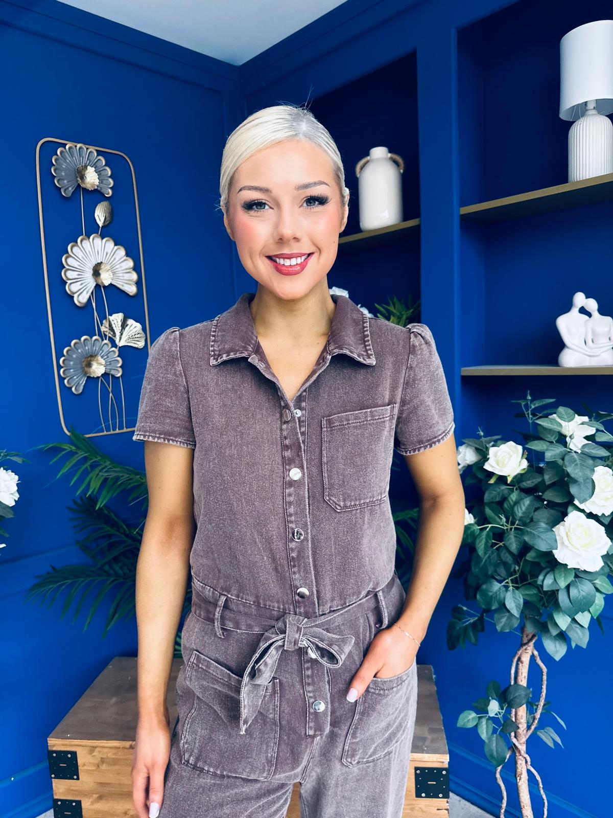 Marissa Short Sleeve Denim Jumpsuit Chocolate