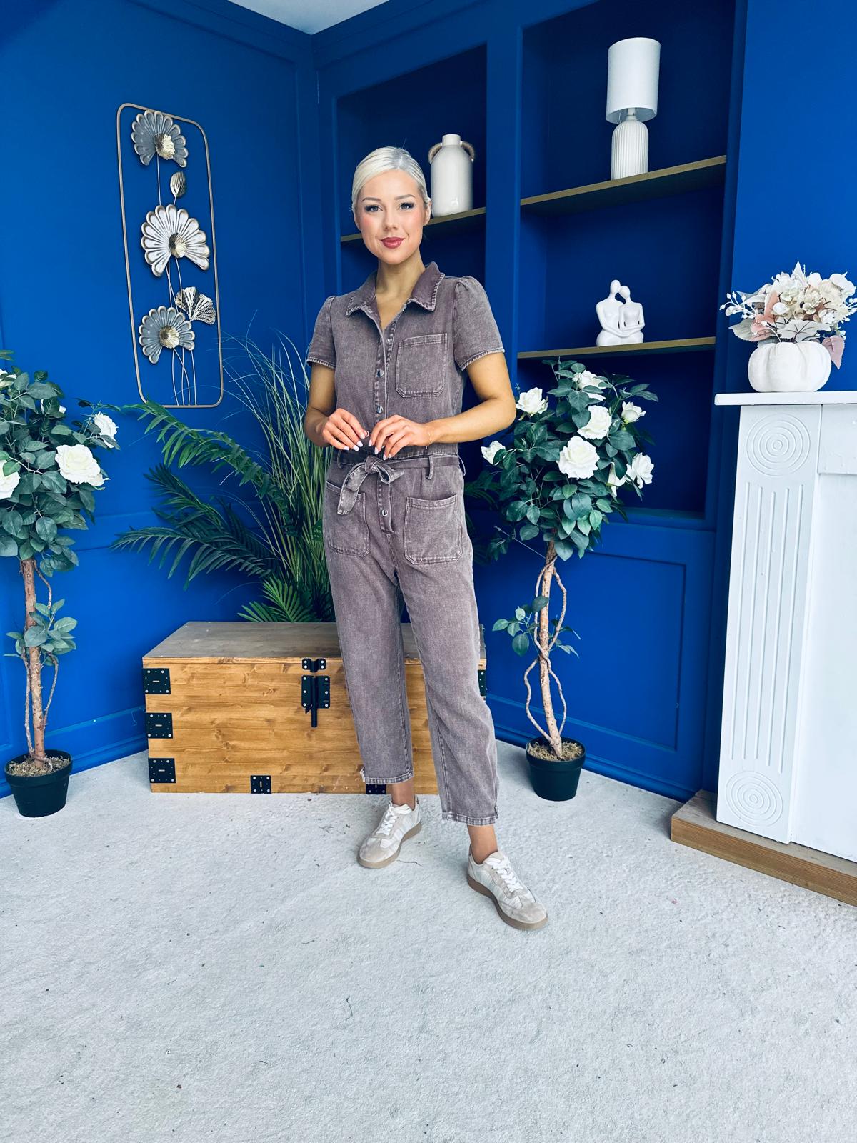 Marissa Short Sleeve Denim Jumpsuit Chocolate