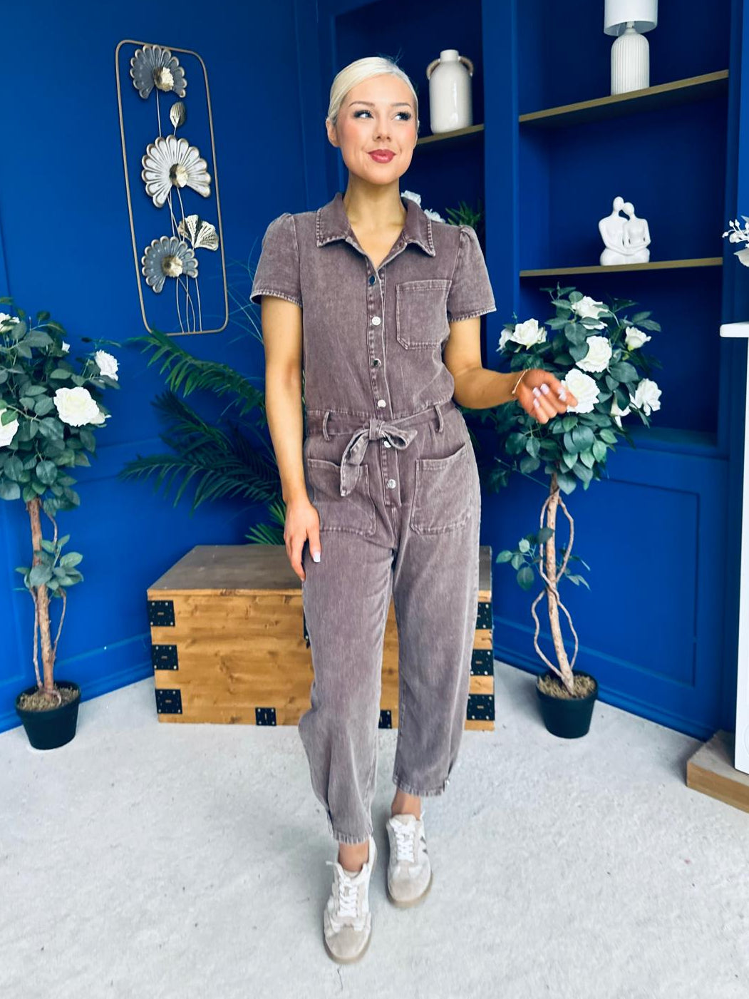 Marissa Short Sleeve Denim Jumpsuit Chocolate