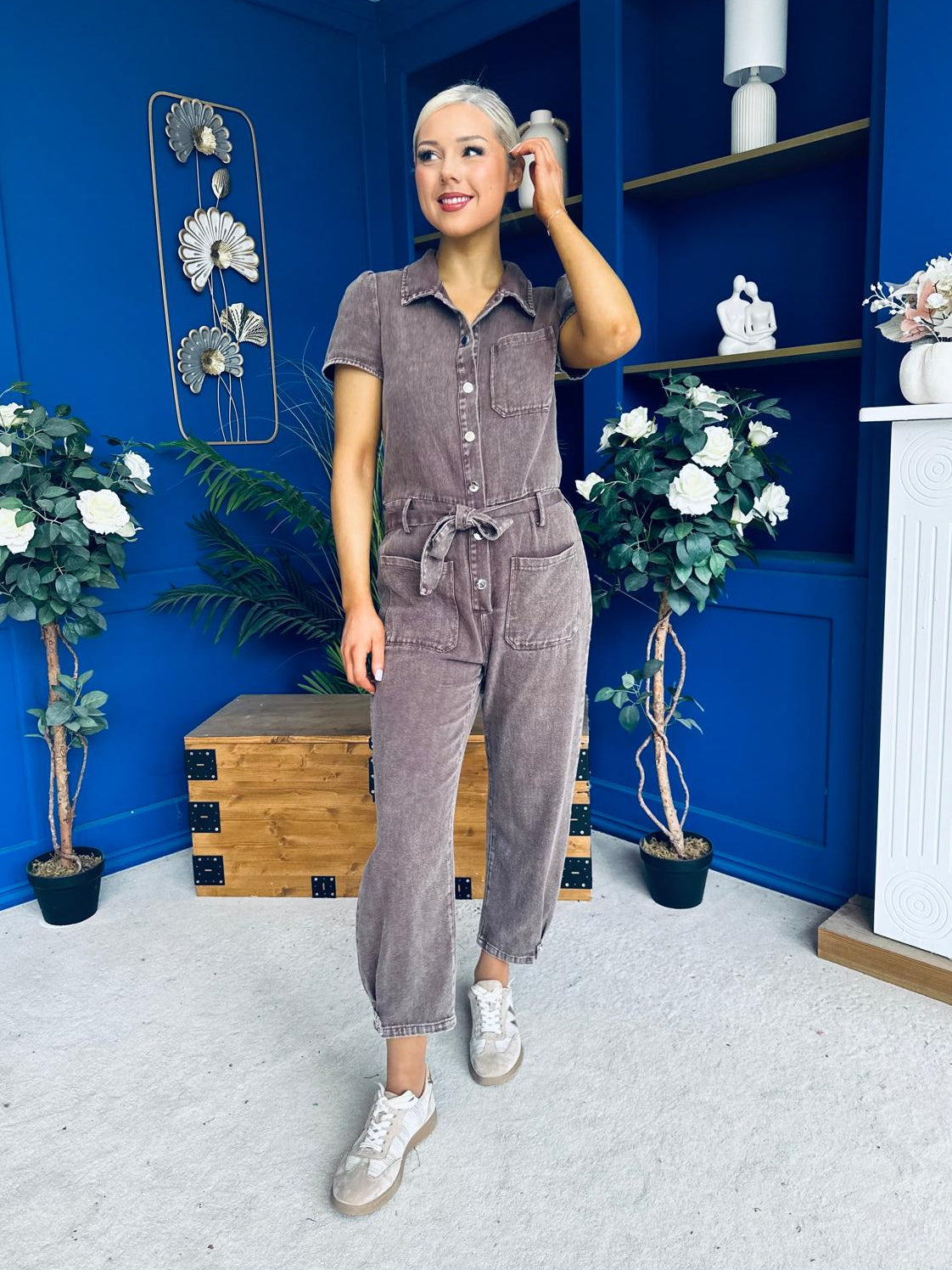 Marissa Short Sleeve Denim Jumpsuit Chocolate