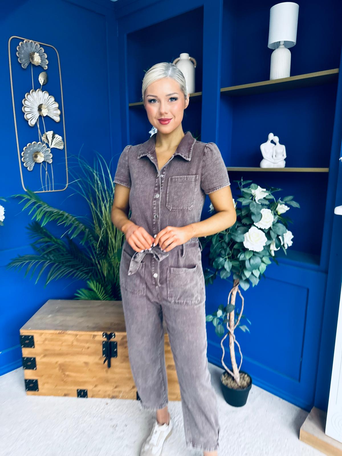 Marissa Short Sleeve Denim Jumpsuit Chocolate