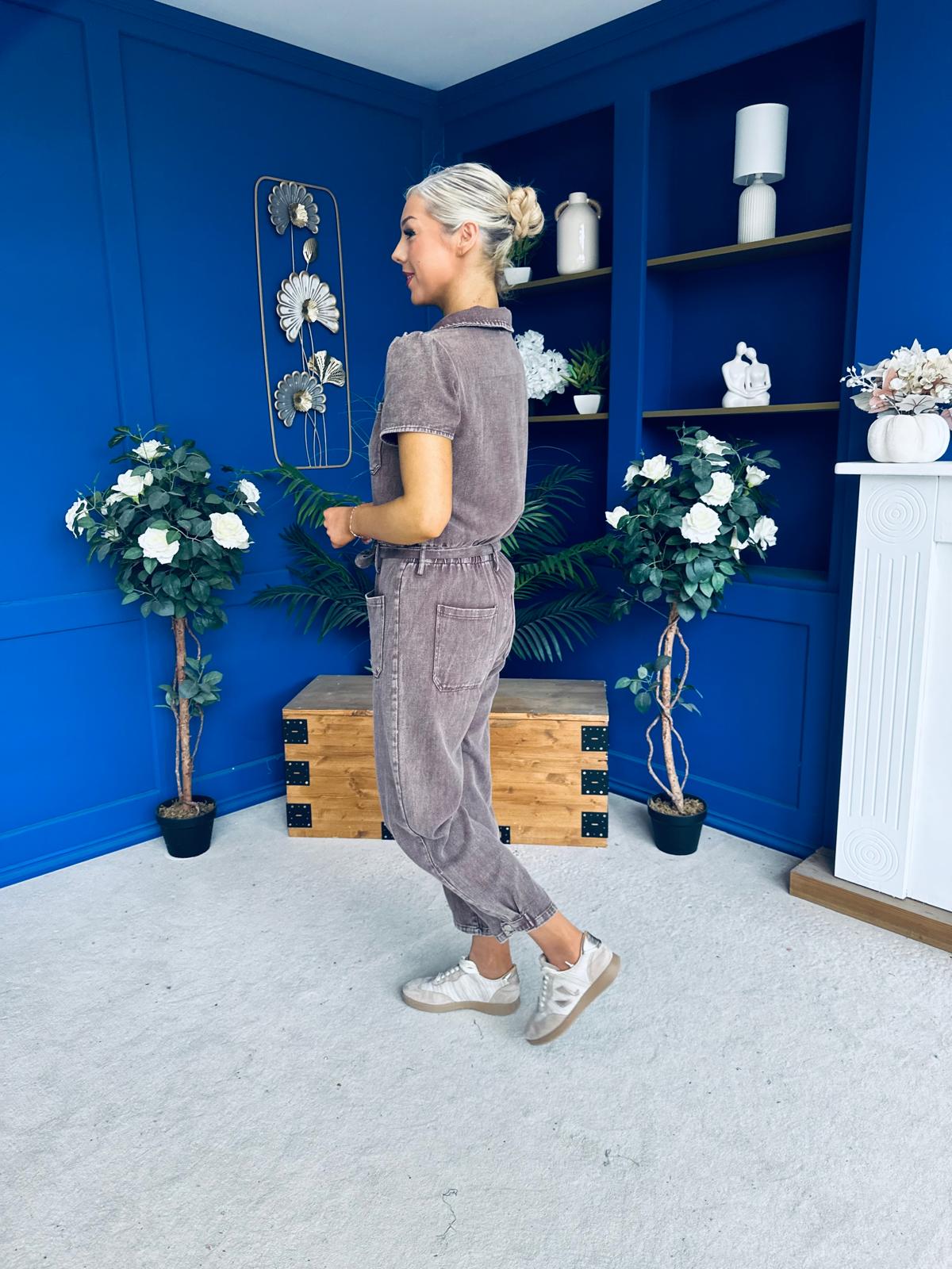 Marissa Short Sleeve Denim Jumpsuit Chocolate