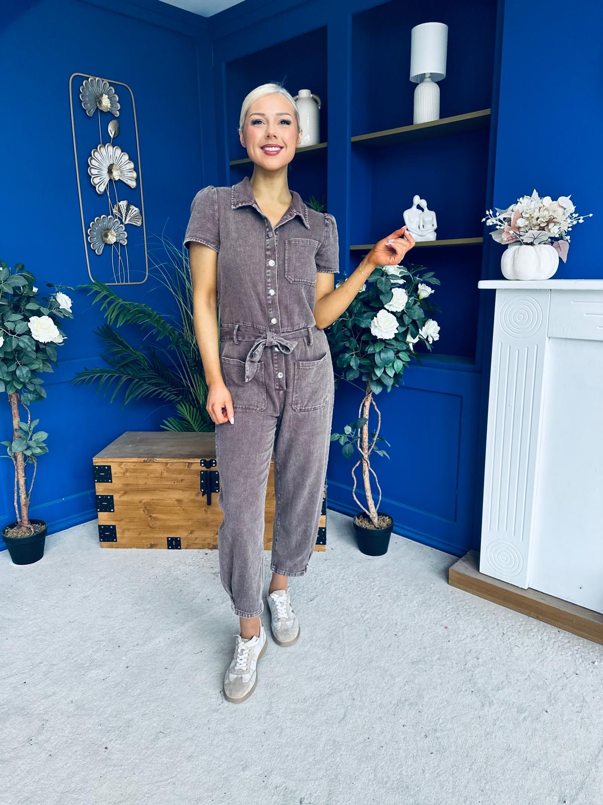 Marissa Short Sleeve Denim Jumpsuit Chocolate