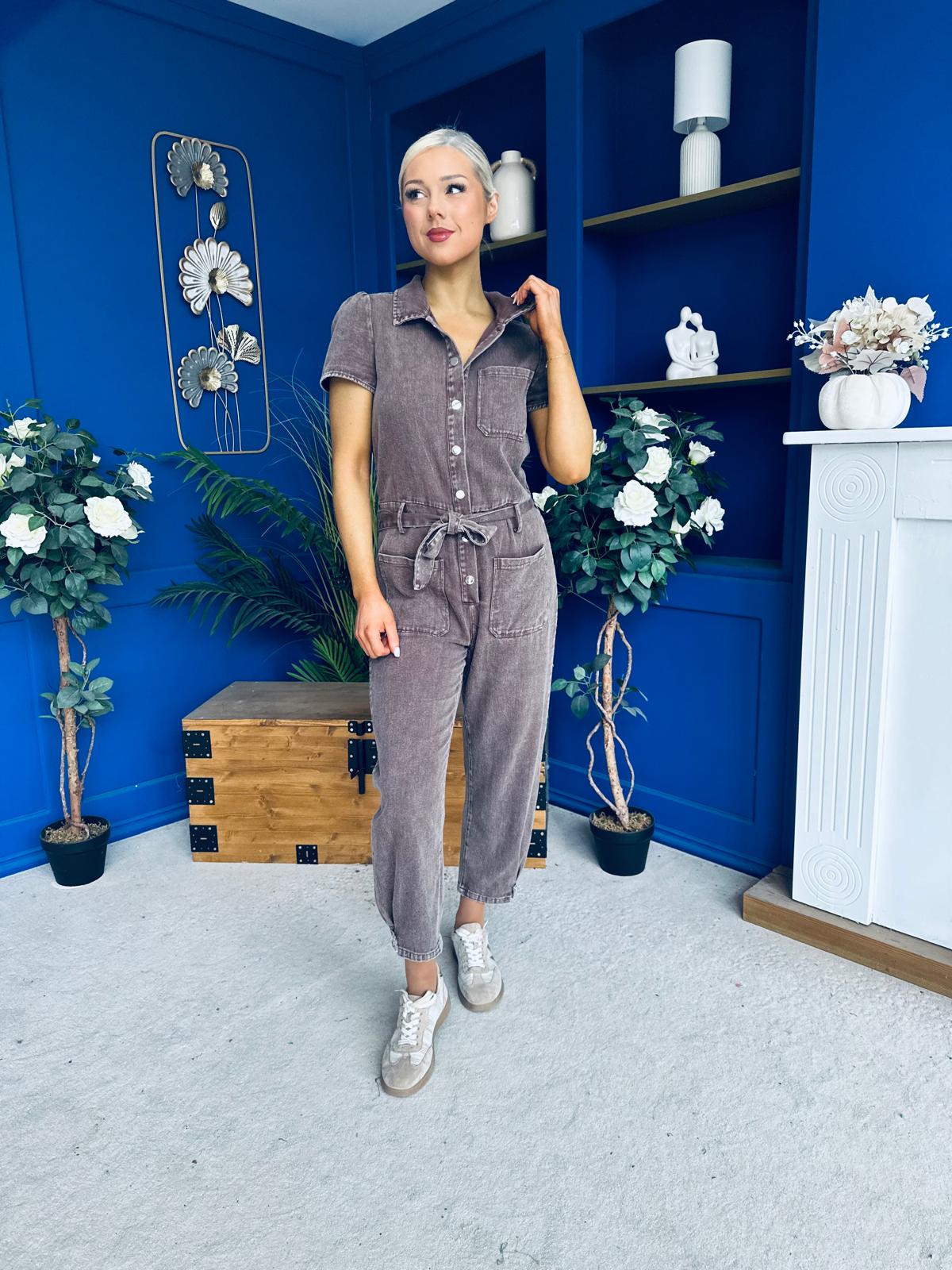Marissa Short Sleeve Denim Jumpsuit Chocolate