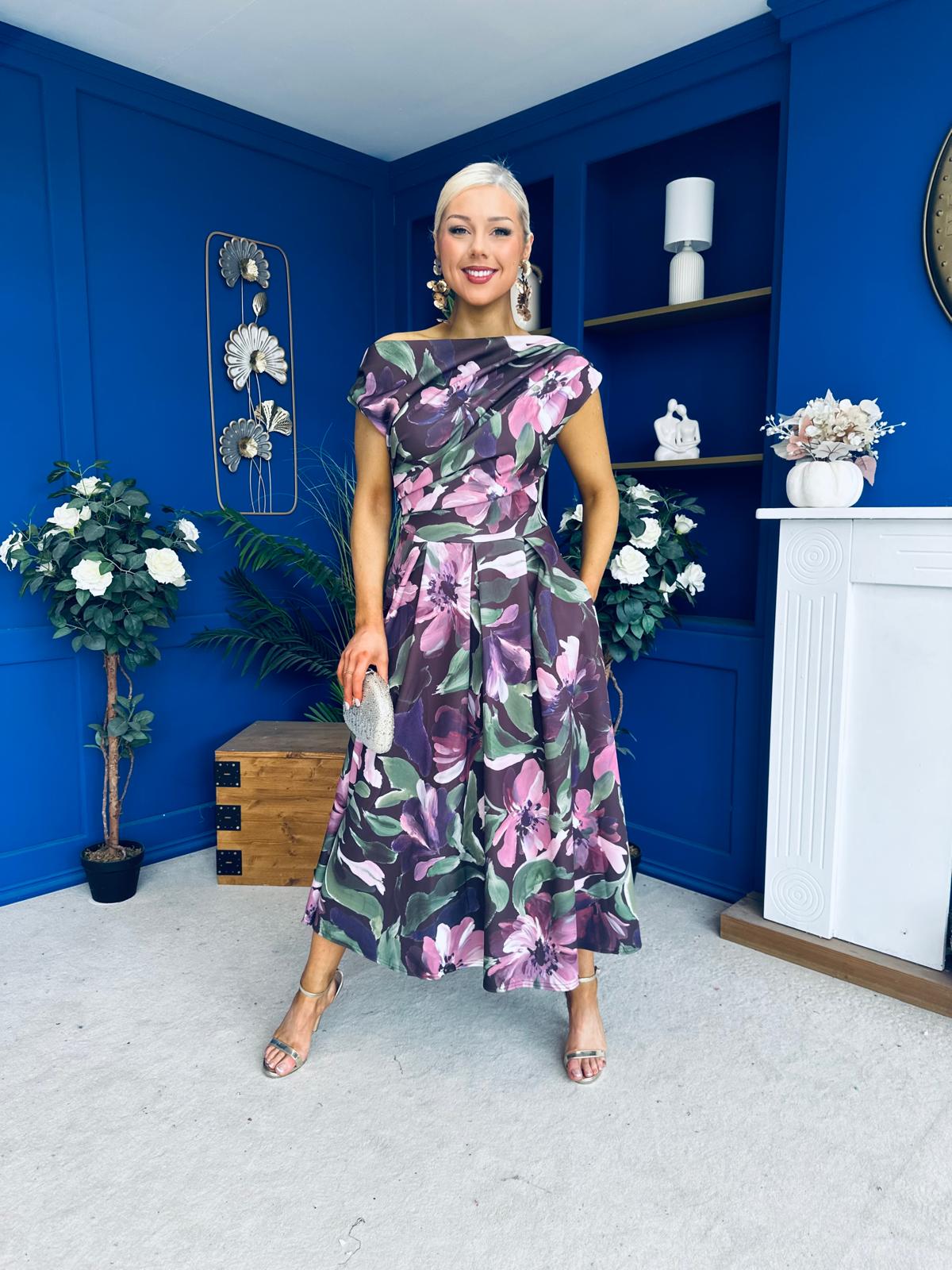 Breffy Asymmetric Neckline Skater Midi Floral Vintage Berry